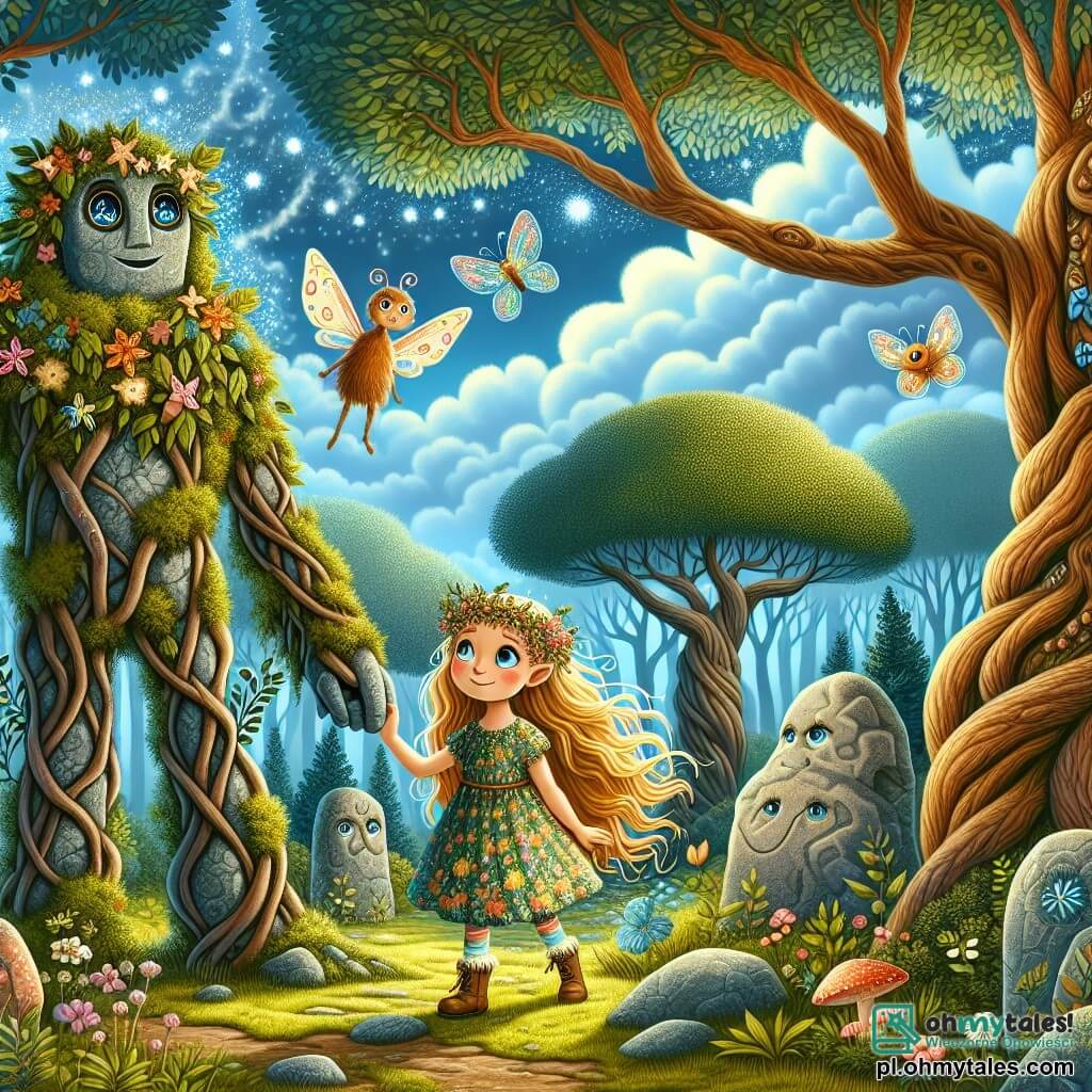 Une illustration destinée aux enfants représentant une jeune fille aux longs cheveux dorés, scintillant comme les rayons du soleil, vêtue d'une robe faite de feuilles et de fleurs, se tenant courageusement au bord d'une clairière enchantée où les arbres majestueux, aux troncs noueux et couverts de mousse, s'élèvent vers un ciel azur parsemé de nuages cotonneux, tandis qu'un grand Golem de terre et de pierre, aux yeux brillants comme des étoiles, attend avec espoir son aide pour briser le sort qui le retient prisonnier, au cœur d'une forêt mythique où la magie danse dans l'air et où des créatures fantastiques, comme des fées aux ailes iridescentes et des animaux parlants aux regards sages, peuplent les ombres des sous-bois, créant un tableau vivant d'aventures et de mystères à chaque tournant.