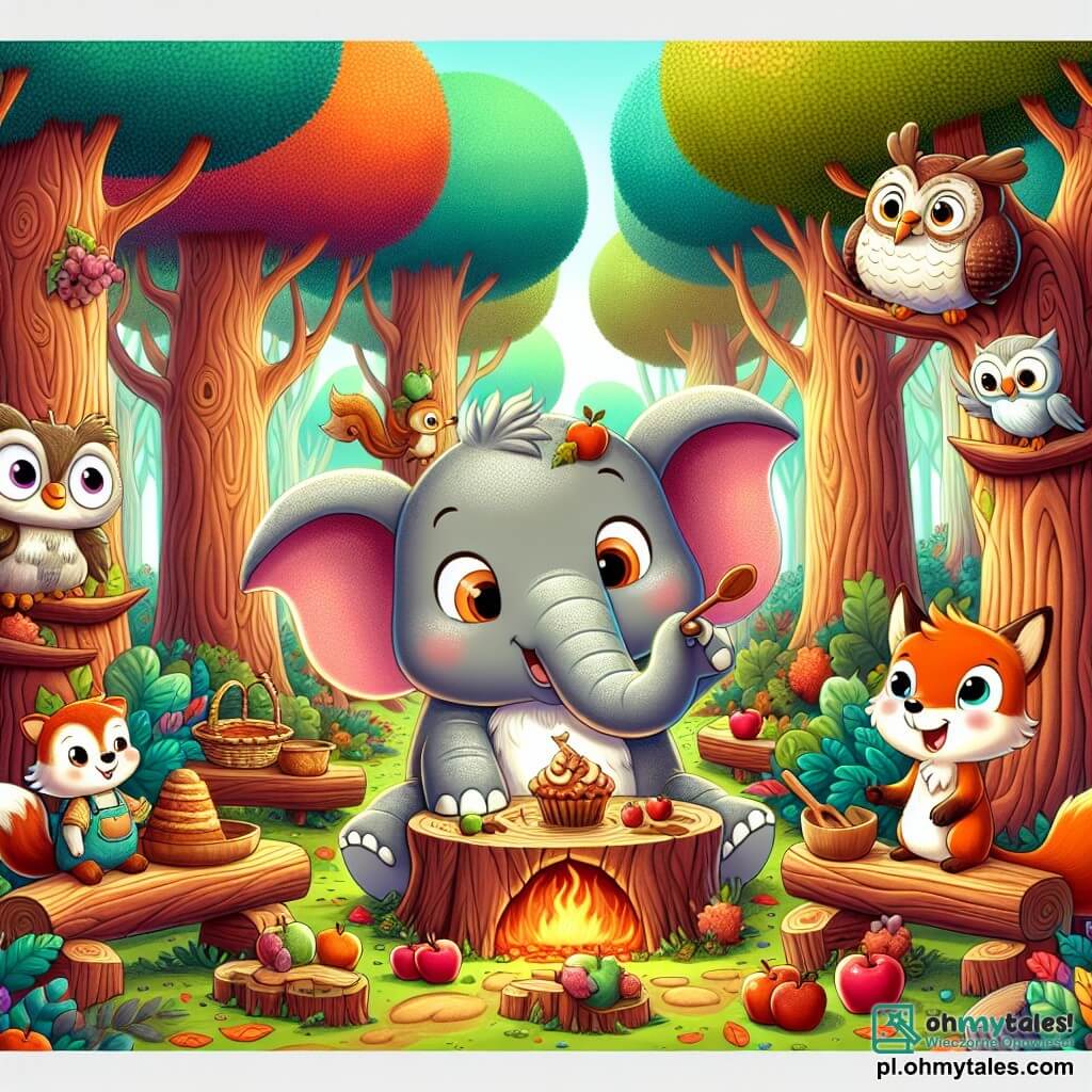 Une illustration sous forme de dessin destinée aux enfants représentant un vaste et magique paysage forestier, avec de grands arbres aux troncs épais et des feuilles colorées, au centre un éléphant aux grandes oreilles et à la peau grise, souriant joyeusement tout en tenant une grande cuillère en bois, entouré de ses amis : un petit renard rusé au pelage roux qui propose une idée, une sage chouette aux yeux ronds qui feuillette un livre de recettes, et une vive écureuil au pelage brun qui s'apprête à cueillir des fruits, tous réunis autour d'une table en bois, prêts à préparer un délicieux gâteau aux pommes pour une fête dans la forêt.