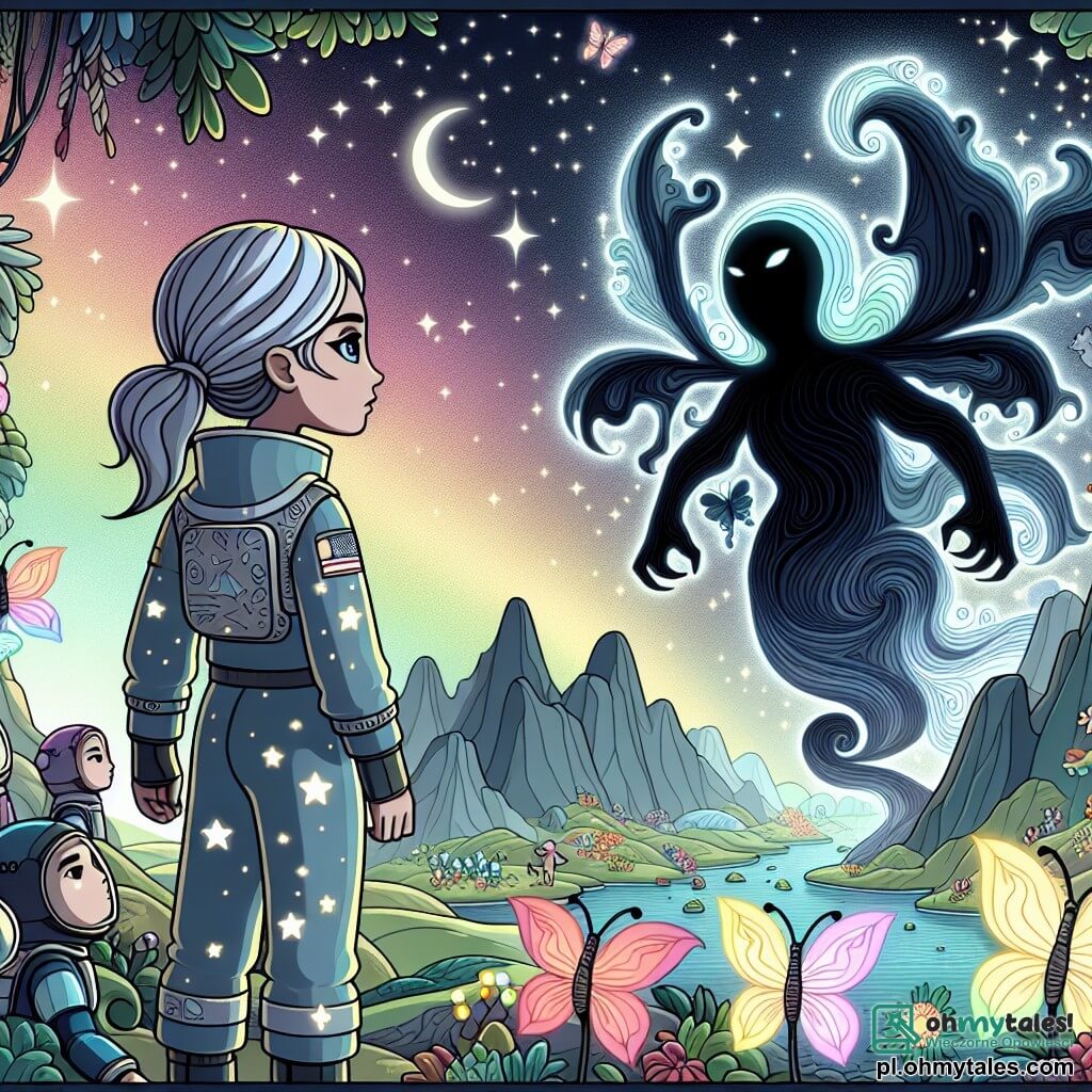 Une illustration sous forme de dessin destinée aux enfants représentant un paysage féerique d'Eldoria, avec des montagnes flottantes et des fleurs luminescentes, où une femme aux cheveux argentés et aux yeux brillants, vêtue d'une combinaison spatiale ornée de motifs étoilés, se tient courageusement face à un puissant Ciemny Władca, une silhouette sombre et menaçante entourée d'ombres tourbillonnantes, tandis qu'un groupe de créatures colorées aux ailes de papillon, représentant les habitants d'Eldoria, observe la scène avec espoir et détermination, capturant l'instant où la femme se prépare à défendre la paix de la planète contre les forces du mal.