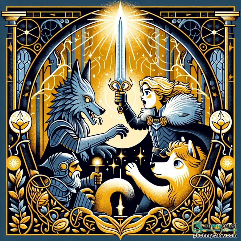 Une illustration sous forme de dessin destinée aux enfants représentant une scène épique dans un château médiéval-fantastique, avec une jeune femme aux cheveux dorés et aux yeux brillants, brandissant un épée étincelante, prête à affronter un puissant sorcier aux vêtements sombres et à l'expression malveillante, tandis qu'un grand loup argenté, loyal et courageux, se tient à ses côtés, tous deux se tenant fermement face à un éclat de magie sombre qui menace de les engloutir, le tout baigné dans une lumière dorée qui symbolise l'espoir et le courage.