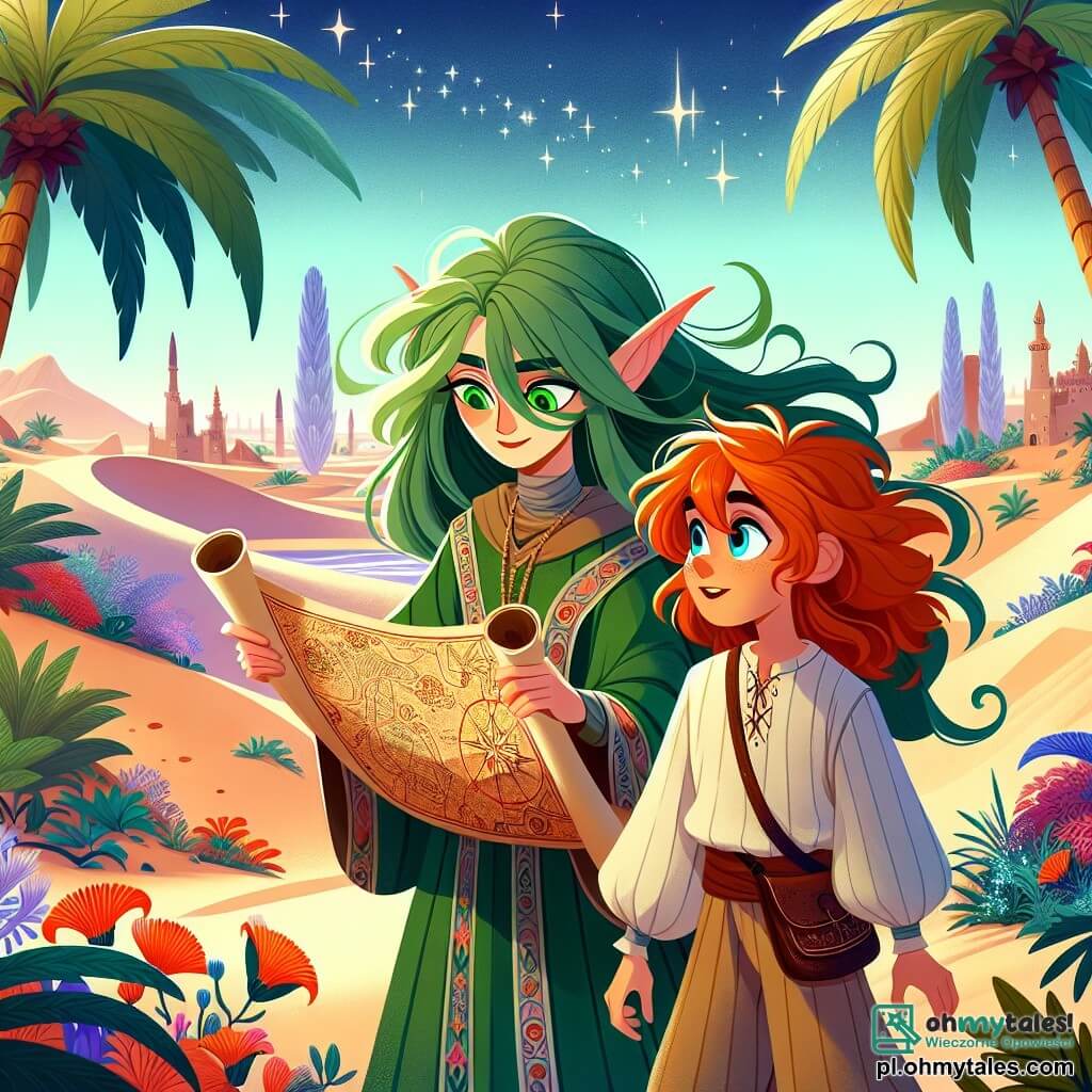 Une illustration sous forme de dessin destinée aux enfants représentant une oasis magique au cœur d'une vaste désert, avec un jeune elfe aux cheveux verts et aux yeux brillants, vêtu d'une tunique ornée de motifs floraux, qui examine une ancienne carte avec curiosité, tandis qu'un petit garçon aux cheveux roux et aux yeux pétillants, vêtu d'une chemise en lin, observe avec émerveillement, alors qu'ils découvrent ensemble les secrets cachés de ce lieu enchanteur, entourés de palmiers majestueux et de fleurs colorées qui dansent au gré du vent.