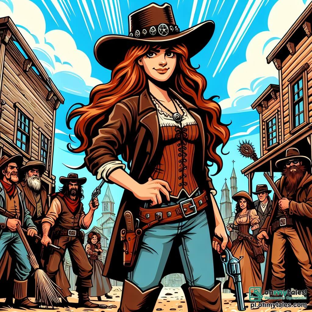 Une illustration sous forme de dessin destinée aux enfants représentant un petit miasteczko du Dzikiego Zachodu, avec des bâtiments en bois et un ciel bleu éclatant, où une cowgirl courageuse aux longs cheveux châtains, vêtue d'un chapeau de cowboy et d'une veste en cuir, se tient fermement au centre de la scène, prête à défendre son miasteczko contre un groupe de bandits menaçants, comprenant un grand homme musclé avec des lunettes de soleil et un sourire narquois, tandis que des villageois, des hommes et des femmes, se rassemblent derrière elle, armés de fourches et de lasso, prêts à l'aider à repousser les intrus et protéger leur trésor.
