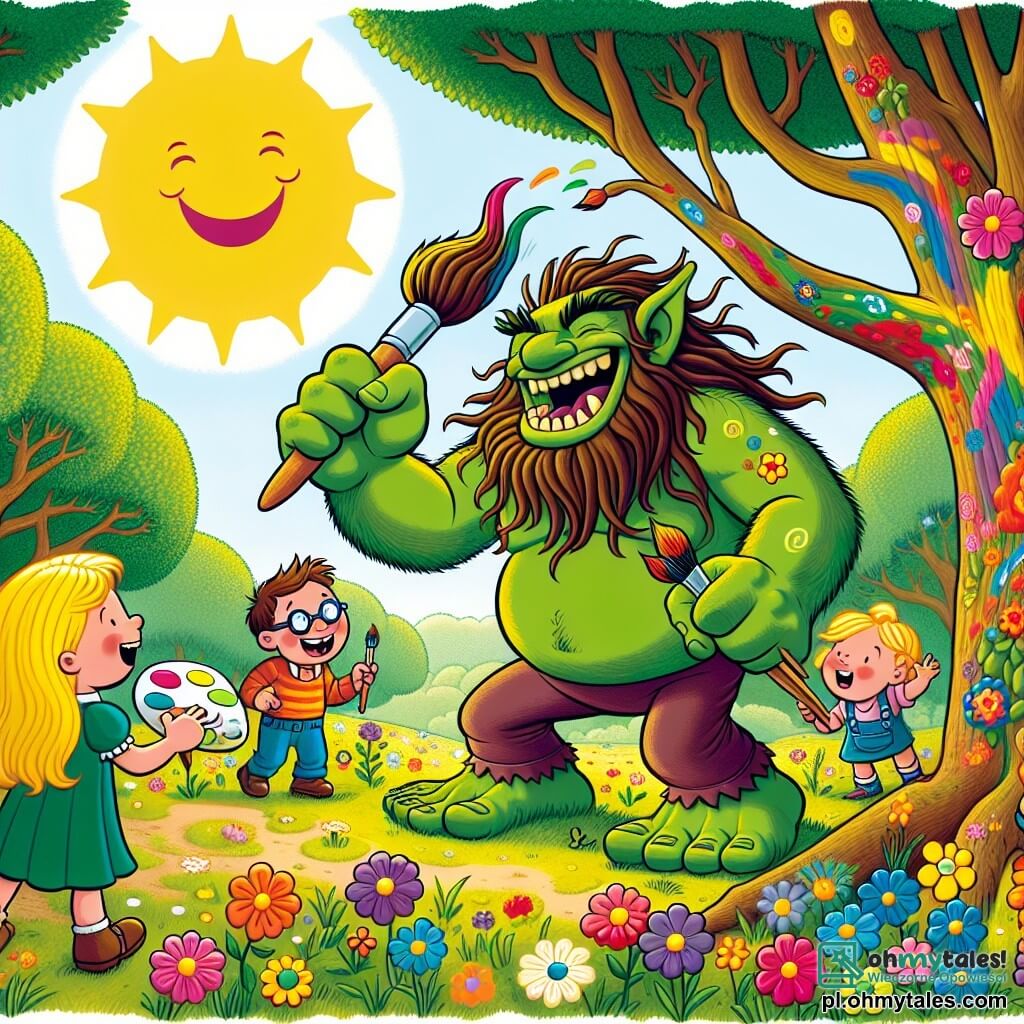 Une illustration sous forme de dessin destinée aux enfants représentant une clairière ensoleillée, remplie de fleurs colorées et d'arbres aux troncs noueux, où un grand ogre à la peau verte et aux cheveux ébouriffés, riant joyeusement, peint des motifs colorés sur un arbre avec un pinceau géant, tandis qu'un groupe d'enfants, dont une fille aux cheveux blonds et une autre aux cheveux bruns, ainsi qu'un garçon aux lunettes, l'observe avec émerveillement et éclats de rire, créant une atmosphère de joie et d'amitié.