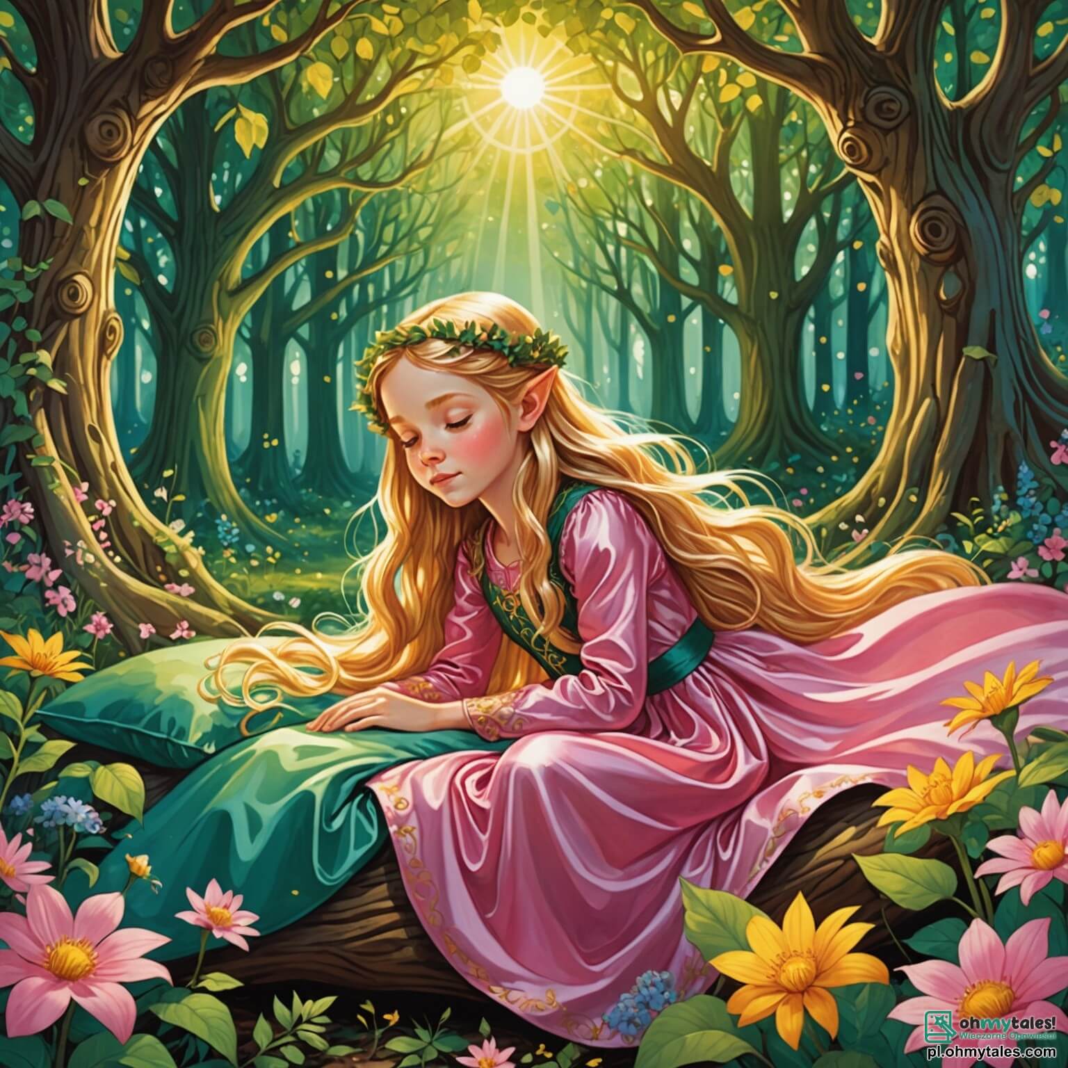 Une illustration destinée aux enfants représentant une jeune fille aux longs cheveux dorés, enveloppée dans une robe de satin rose, dormant paisiblement dans un lit de fleurs éclatantes au cœur d'une forêt enchantée, où des arbres majestueux aux troncs noueux s'élèvent vers le ciel, leurs feuilles scintillant comme des émeraudes sous les rayons du soleil, tandis qu'un petit elfe espiègle, aux ailes translucides et aux yeux pétillants de malice, s'affaire à rassembler des créatures magiques, comme des oiseaux chanteurs et des lapins curieux, pour l'aider à briser le sort qui maintient la belle endormie dans un sommeil profond, tout cela se déroulant dans un royaume féerique où la magie et la nature s'entrelacent harmonieusement.