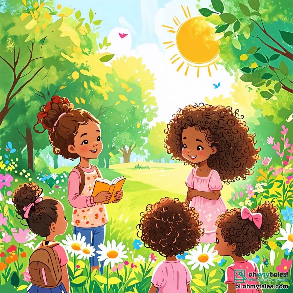 Une illustration sous forme de dessin destinée aux enfants représentant un parc ensoleillé avec des arbres verdoyants et des fleurs colorées, où une fille de 8 ans aux cheveux bruns et bouclés, portant une robe rose, sourit joyeusement en tenant la main d'une nouvelle amie, une fille de 8 ans à la peau foncée et aux cheveux crépus, qui lit un livre à voix haute, tandis qu'un groupe d'enfants aux origines diverses, certains avec des traits européens et d'autres d'origine asiatique, les écoute attentivement, illustrant ainsi un moment de partage et de tolérance.