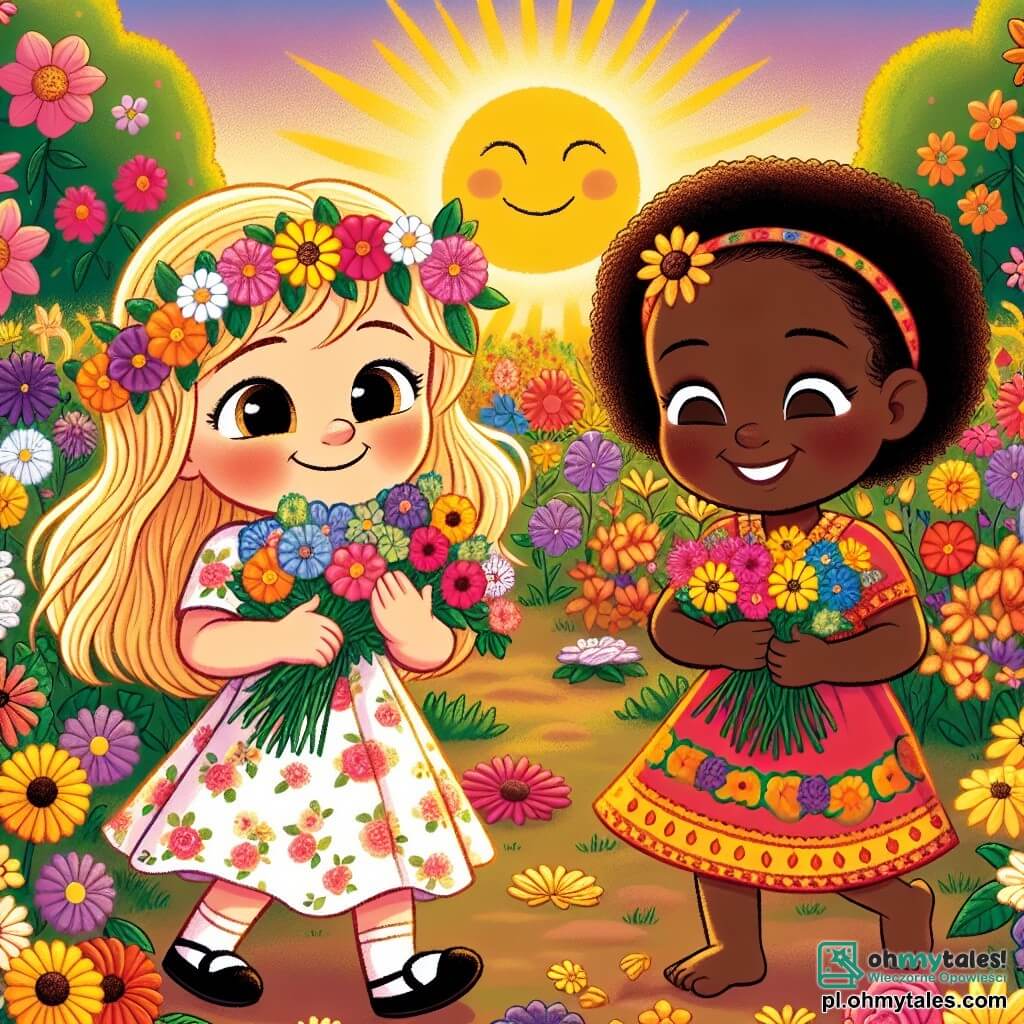 Une illustration sous forme de dessin destinée aux enfants représentant un jardin ensoleillé rempli de fleurs colorées, où une petite fille de 3 ans aux cheveux blonds et aux yeux pétillants, vêtue d'une robe à fleurs, sourit en tenant des bouquets de fleurs, tandis qu'à ses côtés, une petite fille de 3 ans aux cheveux noirs et à la peau brune, portant une robe traditionnelle africaine, danse joyeusement, illustrant un moment de partage et d'amitié entre deux cultures différentes, symbolisant la tolérance et l'acceptation.