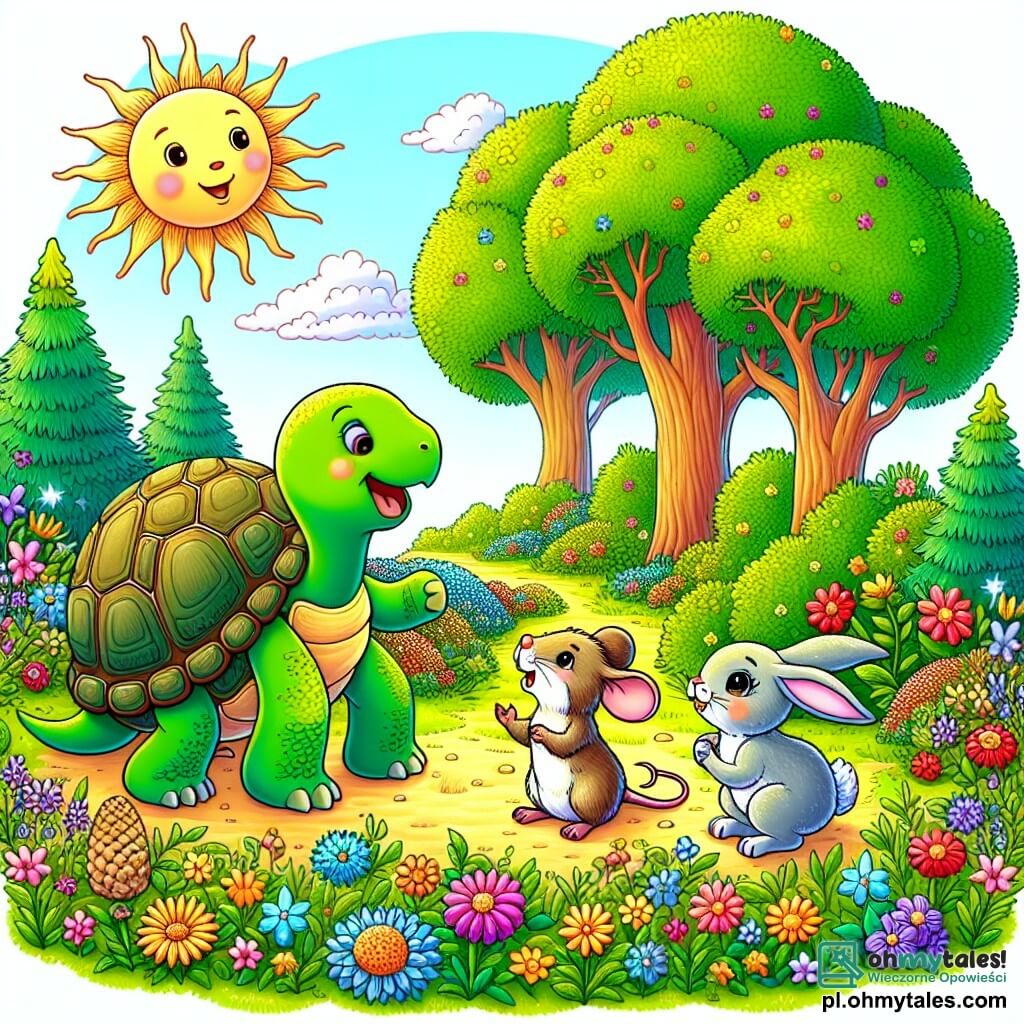 Une illustration sous forme de dessin destinée aux enfants représentant une charmante clairière ensoleillée, ornée de fleurs colorées et de grands arbres verdoyants, où une petite souris aux grandes oreilles et au pelage doux, avec un regard curieux, se tient au centre, entourée d'un sage tortue à la carapace rugueuse qui lui parle avec bienveillance, et d'un joyeux lapin aux yeux pétillants qui saute autour d'eux, alors qu'ils discutent de leurs rêves d'aventure et de découverte dans un monde magique plein de surprises.