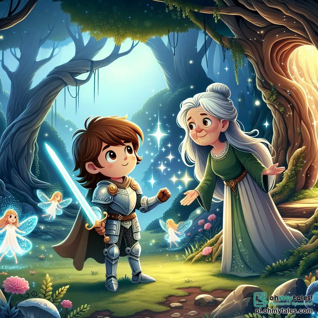 Une illustration sous forme de dessin destinée aux enfants représentant une clairière enchantée au cœur d'une forêt magique, où un jeune chevalier aux longs cheveux bruns et à l'armure étincelante, tenant un épée brillante, se tient courageusement devant une jaskini, tandis qu'une vieille sorcière aux cheveux gris et à la robe verte, avec un sourire bienveillant, l'encourage à poursuivre sa quête pour sauver les villageois malades, entouré de créatures lumineuses dansantes et d'arbres majestueux, créant une atmosphère à la fois mystérieuse et pleine d'espoir.