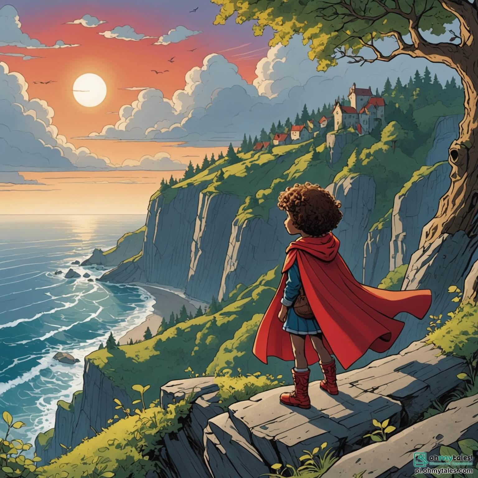 Une illustration destinée aux enfants représentant une petite fille intrépide aux cheveux bouclés, vêtue d'une cape rouge flamboyante, se tenant au bord d'une falaise escarpée surplombant une mer tumultueuse, prête à relever le défi d'escalader une montagne mystérieuse, tandis qu'un sage hibou aux plumes argentées l'observe depuis une branche d'un arbre noueux, dans une forêt enchantée où les rayons du soleil filtrent à travers les feuilles vertes, créant des ombres dansantes sur le sol.