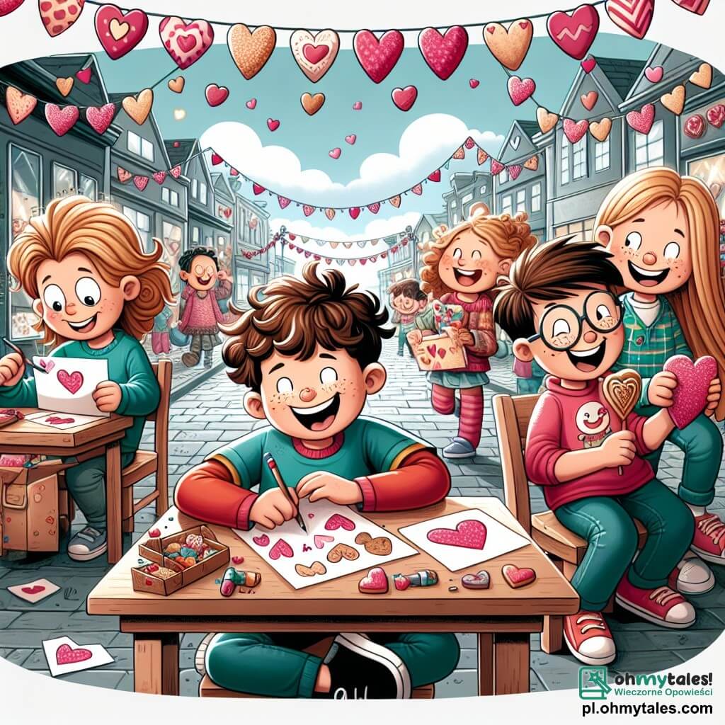 Une illustration sous forme de dessin destinée aux enfants représentant une rue animée décorée de cœurs et de guirlandes pour la Saint-Valentin, avec un garçon de 11 ans aux cheveux bruns et bouclés, portant un t-shirt coloré et un sourire radieux, assis à une table en bois, entouré de ses amis : une fille aux cheveux longs et blonds qui dessine une carte, et un garçon avec des lunettes et des cheveux châtains qui rit en montrant un biscuit en forme de cœur, alors qu'ils travaillent ensemble pour créer des cartes de Saint-Valentin, remplis de joie et d'amitié.
