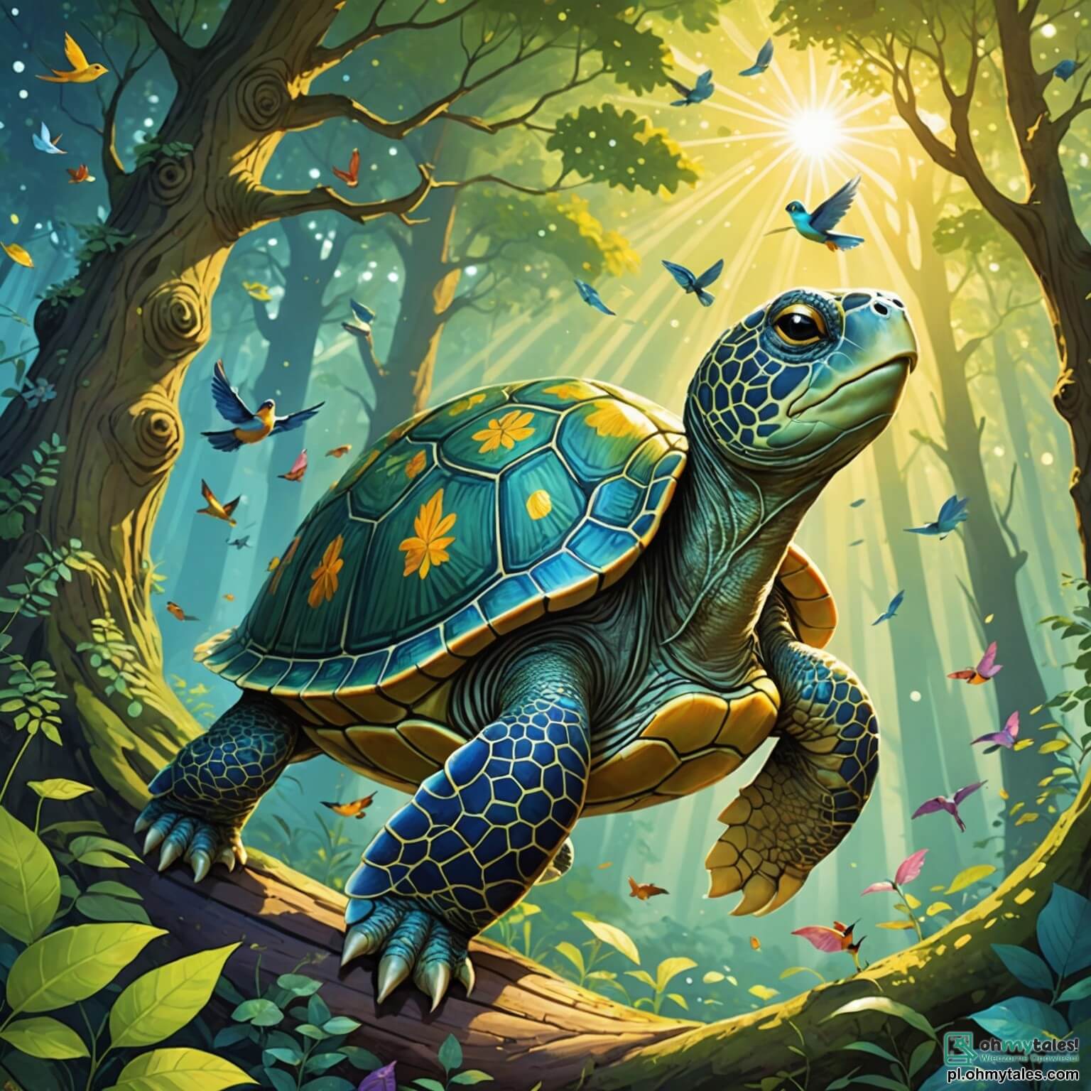 Une illustration destinée aux enfants représentant une tortue au regard pétillant de curiosité, dont la carapace ornée de motifs chatoyants scintille sous les rayons dorés du soleil, se déplaçant lentement mais avec détermination à travers une forêt enchantée, où les arbres majestueux aux troncs noueux s’élèvent vers le ciel comme des géants bienveillants, tandis que des oiseaux colorés virevoltent autour d'elle, et une joyeuse petite mésange aux plumes éclatantes l'accompagne dans sa quête d'aventures et de découvertes, alors qu'elles s'apprêtent à traverser un pont étroit au-dessus d'un ruisseau scintillant, où l'eau murmure des secrets et où des fleurs sauvages aux couleurs vives dansent au gré du vent.