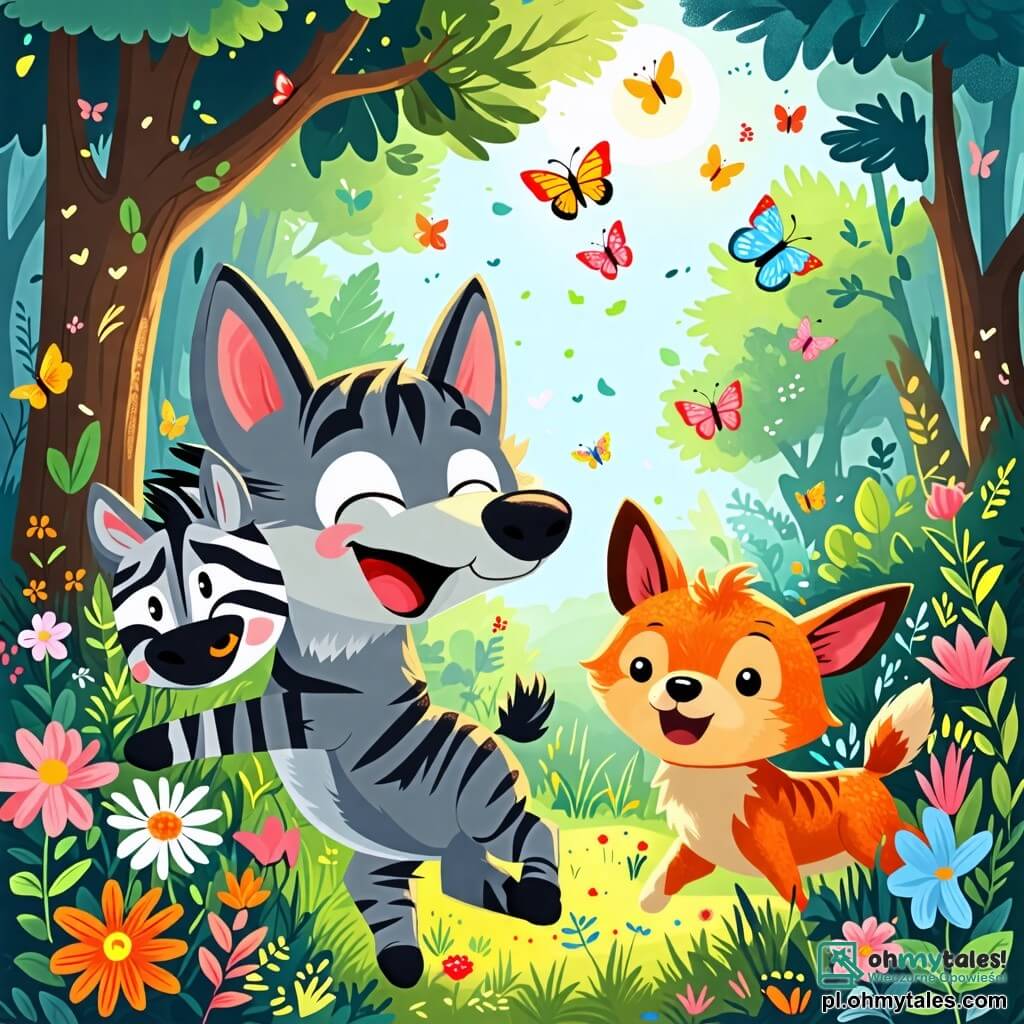 Une illustration sous forme de dessin destinée aux enfants représentant une forêt verdoyante et ensoleillée, avec un loup au pelage gris et aux yeux malicieux, qui se relève d'une chute en riant, tandis qu'un zèbre aux rayures noires et blanches et un petit chien aux grandes oreilles s'amusent à ses côtés, tous trois engagés dans une course joyeuse, entourés de fleurs colorées et de papillons virevoltant dans l'air.