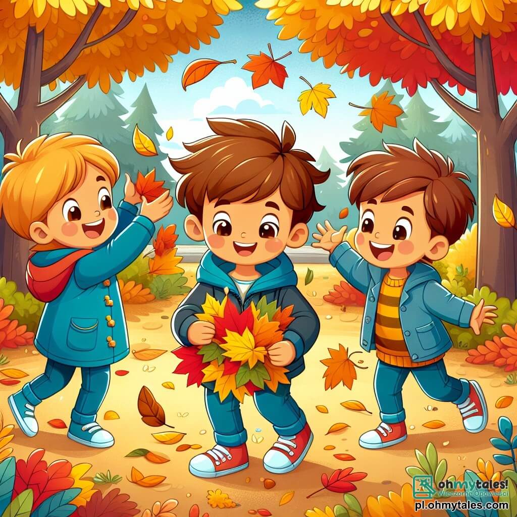 Une illustration sous forme de dessin destinée aux enfants représentant un parc d'automne vibrant de couleurs, avec des arbres aux feuilles dorées et rouges, où un garçon de 5 ans aux cheveux bruns et bouclés, vêtu d'une petite veste bleue, s'amuse à ramasser des feuilles colorées, tandis que deux de ses amis, une fille aux cheveux blonds et une autre garçon aux cheveux châtains, l'entourent en riant, tous les trois concentrés sur la création d'un collage de feuilles, symbolisant l'amitié et la joie de la saison automnale.