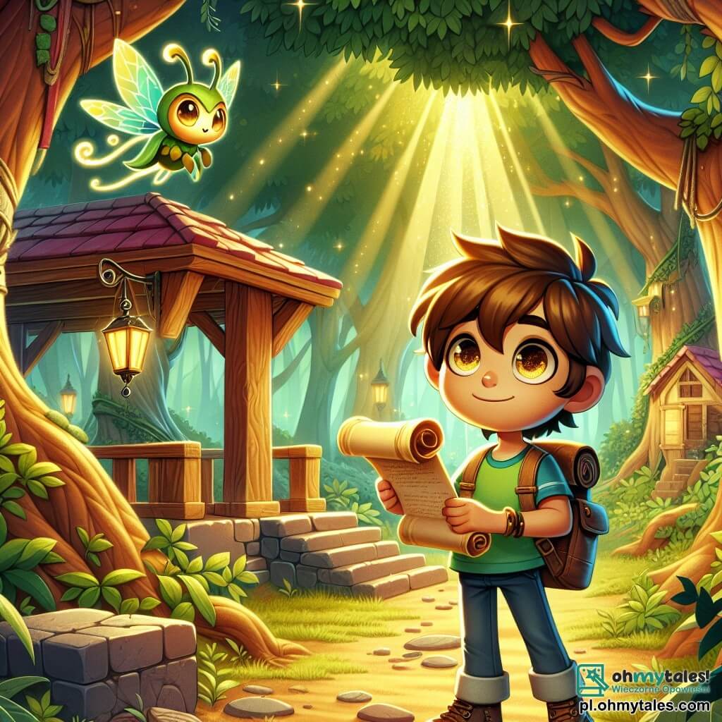 Une illustration sous forme de dessin destinée aux enfants représentant une forêt enchantée, avec des arbres majestueux aux feuilles scintillantes et une lumière dorée filtrant à travers les branches, où un garçon de 11 ans aux cheveux bruns et aux yeux pétillants, portant un t-shirt coloré et un sac à dos, se tient courageusement devant une vieille altane en bois, tenant un ancien parchemin dans ses mains, tandis qu'une petite créature lumineuse aux ailes vertes, ressemblant à un lucioles, flotte à ses côtés, l'encourageant à découvrir le mystère du Złoty Klucz, alors qu'une ombre menaçante se profile en arrière-plan, ajoutant une touche de suspense à cette scène d'aventure.