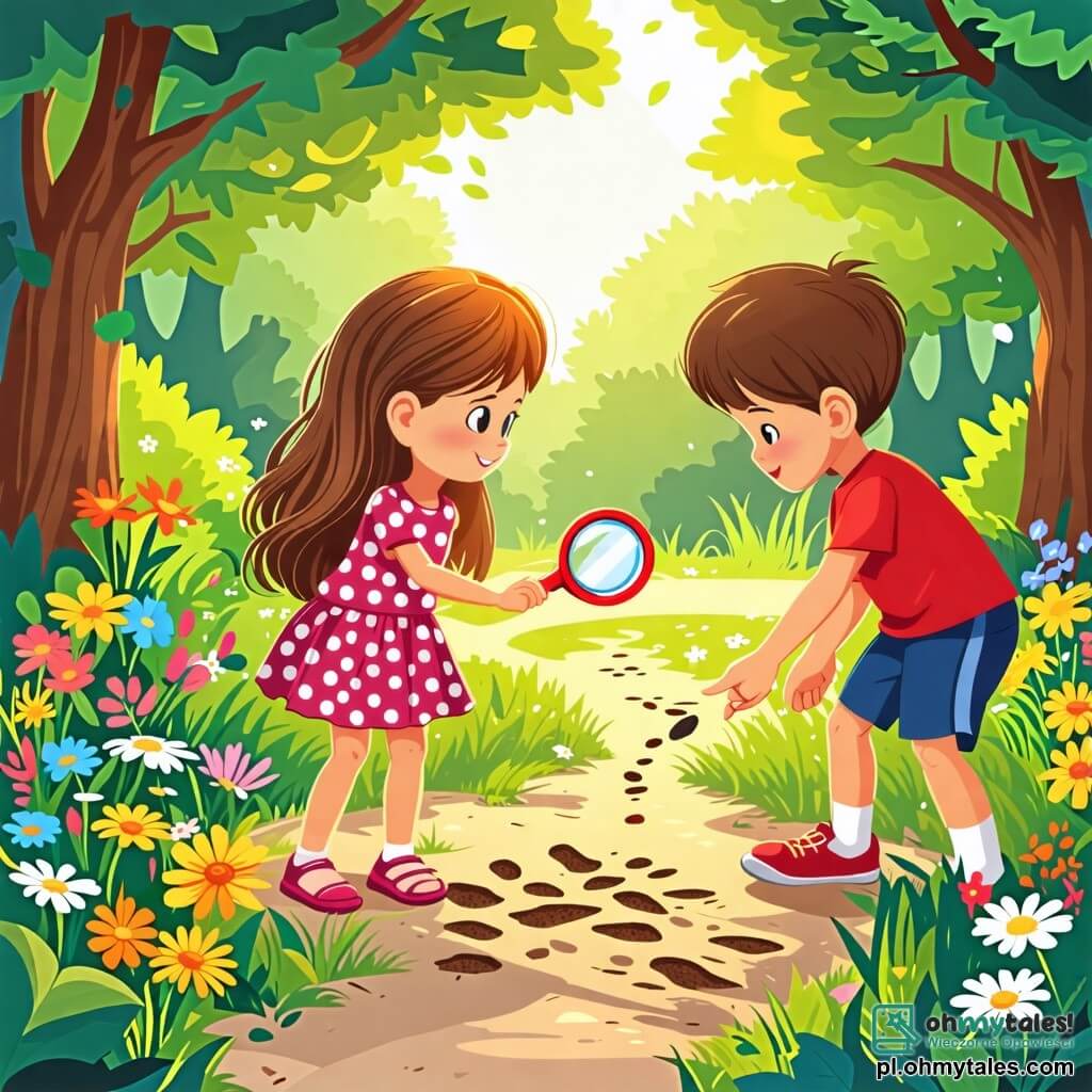 Ilustracja przedstawiająca słoneczny park, wypełniony kolorowymi kwiatami i zielonymi drzewami, gdzie promienie słońca filtrują przez liście, tworząc tańczące cienie na ziemi. Na środku obrazu mała dziewczynka w wieku 5 lat, z długimi brązowymi włosami i błyszczącymi oczami pełnymi ciekawości, trzyma w prawej ręce lupę i uważnie przygląda się śladom na trawie. Ma na sobie sukienkę w kolorowe kropki i sandały, a na jej twarzy widnieje szeroki uśmiech ekscytacji. Obok niej dwóch przyjaciół: chłopiec w wieku 6 lat z rozczochranymi blond włosami, ubrany w czerwoną koszulkę i niebieskie szorty, który wskazuje palcem na mały ślad w ziemi, oraz dziewczynka w wieku 5 lat z kasztanowymi włosami, nosząca różową sukienkę, która obserwuje małą wiewiórkę z zabawkami w łapkach. Scena uchwyca moment, w którym dzieci odkrywają tajemnicze ślady pozostawione przez wiewiórkę, otoczone rozrzuconymi wokół zabawkami, tworząc atmosferę przygody i przyjaźni. Kolorowe motyle latają wokół nich, dodając magicznego akcentu do tej radosnej eksploracji.