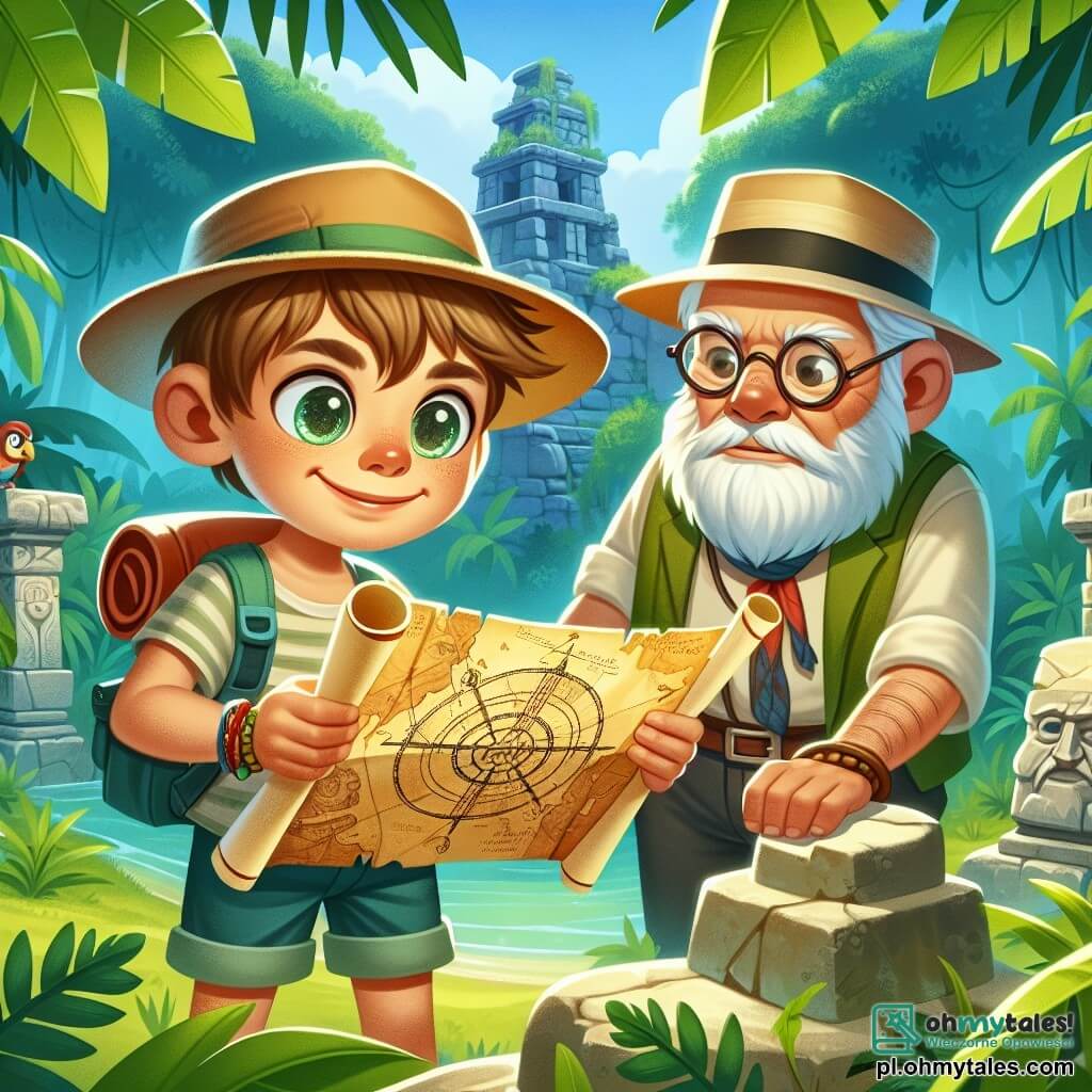 Une illustration sous forme de dessin destinée aux enfants représentant une jungle luxuriante et mystérieuse, où un jeune homme aux cheveux bruns et aux yeux pétillants, vêtu d'un t-shirt et d'un short, tient une vieille carte dans ses mains tout en scrutant les ruines anciennes d'Eldorado, tandis qu'à ses côtés, un homme âgé à la barbe blanche et aux lunettes rondes, portant un chapeau de paille, observe attentivement les environs avec un air sage et déterminé, alors qu'ils se préparent à découvrir les trésors cachés et les secrets de cette légendaire cité perdue.