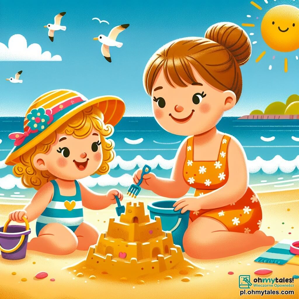 Une illustration sous forme de dessin destinée aux enfants représentant une plage ensoleillée avec du sable doré et des vagues douces, où une petite fille de 2 ans aux cheveux bouclés et blonds, portant un maillot de bain coloré, s'amuse à construire un château de sable avec un seau et une pelle, tandis qu'une maman souriante aux cheveux châtains et attachés en chignon, vêtue d'un chapeau de paille, l'observe avec tendresse, le soleil brillant dans un ciel bleu parsemé de quelques nuages blancs, et des mouettes volant au-dessus d'eux.