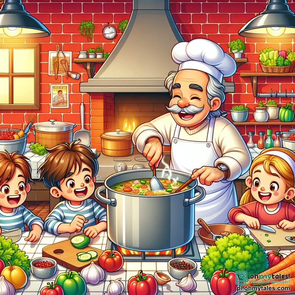Une illustration sous forme de dessin destinée aux enfants représentant une cuisine colorée et chaleureuse, avec des murs en carrelage rouge et des étagères remplies d'ingrédients frais, où un homme aux cheveux grisonnants, portant un tablier blanc et un chapeau de chef, sourit joyeusement en montrant aux enfants comment préparer une soupe, tandis qu'un garçon aux cheveux bruns et une fille aux couettes blondes, tous deux émerveillés, coupent des légumes et ajoutent des épices dans une grande casserole, créant une atmosphère de camaraderie et de joie culinaire.