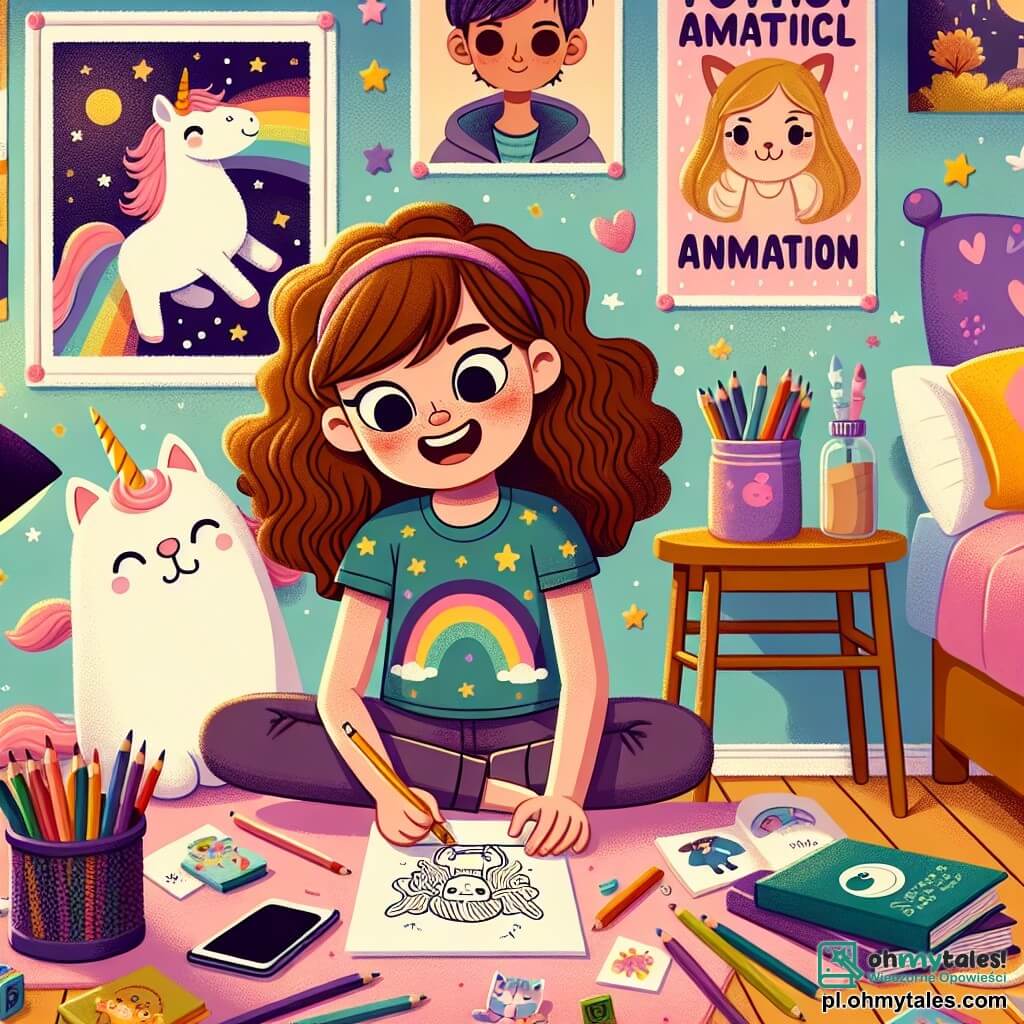 Une illustration sous forme de dessin destinée aux enfants représentant une chambre colorée et chaleureuse, avec des murs décorés de posters de dessins animés, où une fille de 11 ans aux cheveux châtains et bouclés, portant un t-shirt à motifs de licornes, est assise sur son lit, entourée de livres et de crayons, en train de dessiner avec enthousiasme, tandis qu'à côté d'elle, une petite peluche en forme de chat sourit, symbolisant son imagination débordante, le tout illustrant le moment où elle décide de délaisser son téléphone pour se concentrer sur sa créativité et ses passions.