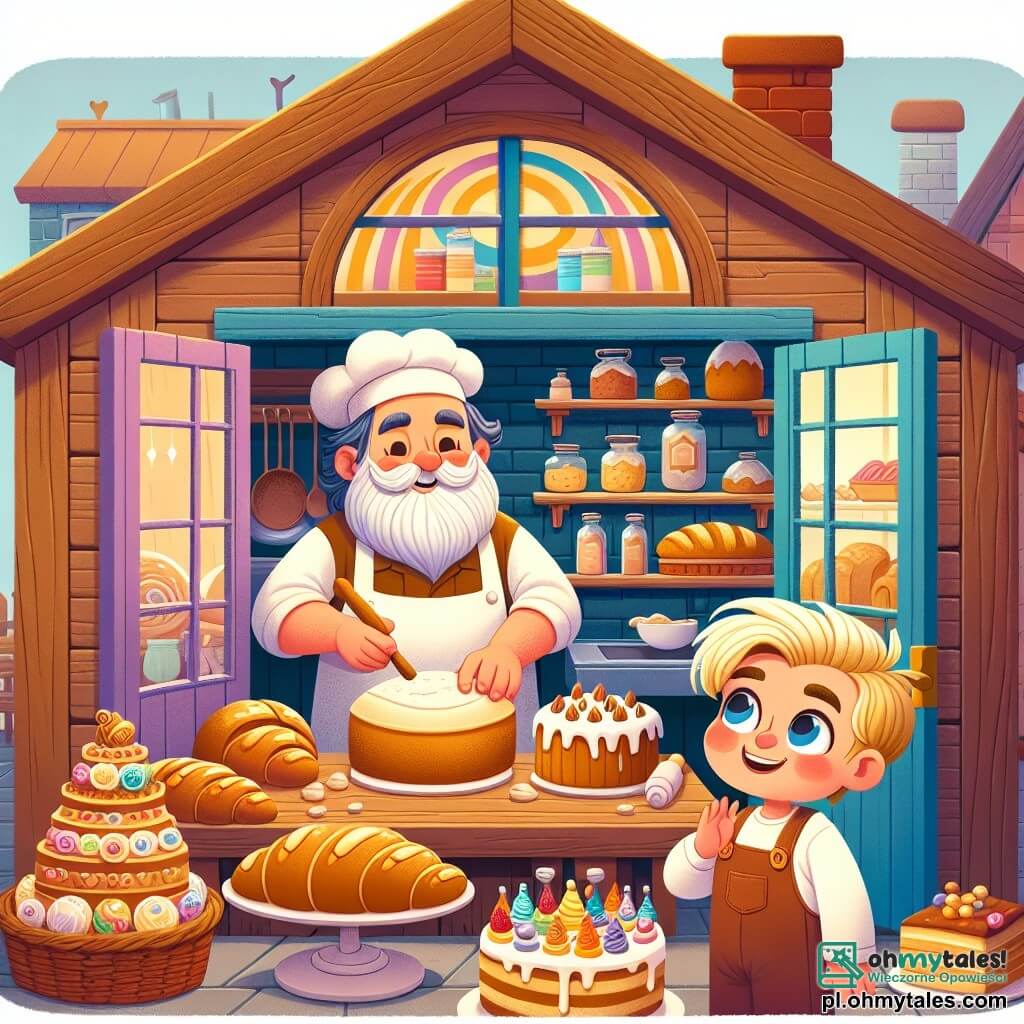 Une illustration sous forme de dessin destinée aux enfants représentant une charmante boulangerie en bois avec des fenêtres colorées, où un homme à la barbe blanche et au sourire chaleureux pétrit de la pâte dans une grande cuisine, tandis qu'un petit garçon aux cheveux blonds et aux yeux pétillants observe avec émerveillement, entourés de délicieux pains dorés et de gâteaux décorés, capturant l'instant magique où le boulanger partage sa passion pour la pâtisserie avec son jeune ami.