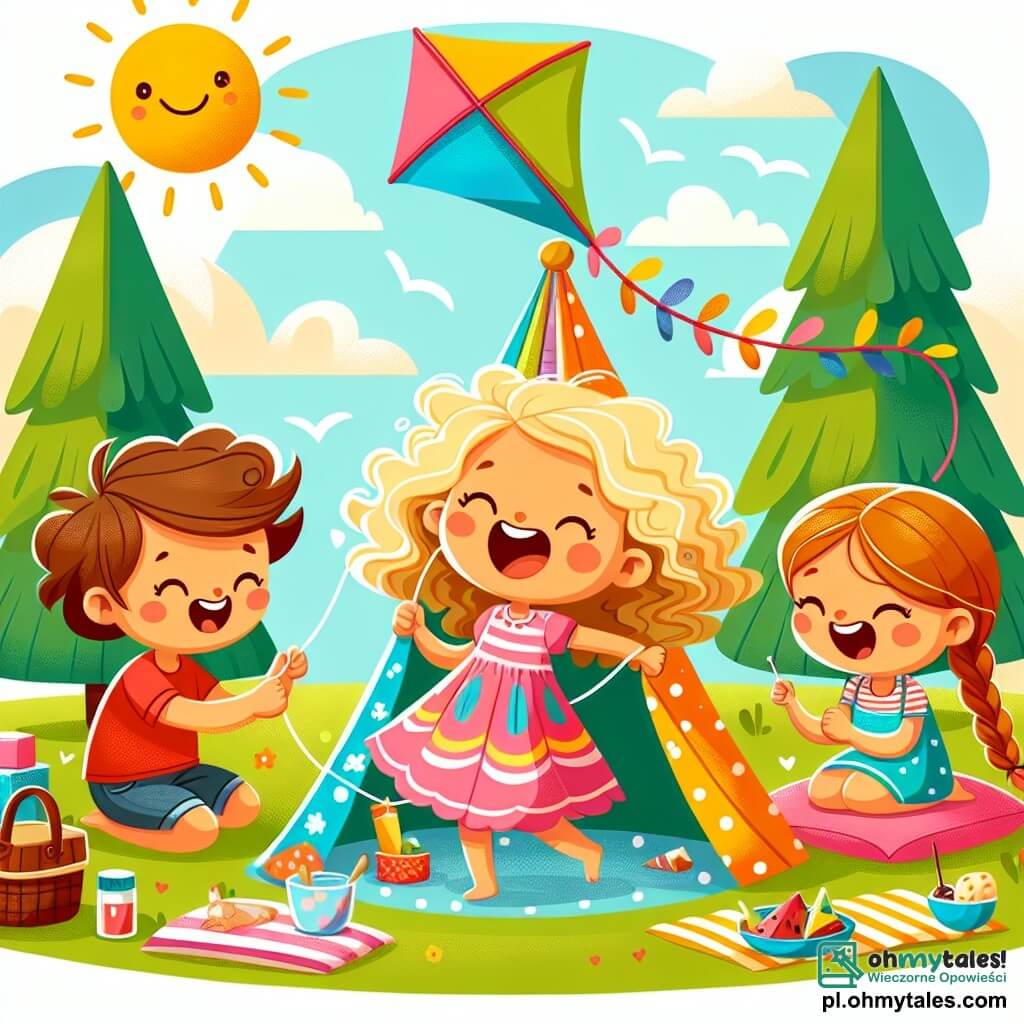 Une illustration sous forme de dessin destinée aux enfants représentant un parc ensoleillé avec de grands arbres et un ciel bleu, où une petite fille de 3 ans aux cheveux bouclés et blonds, vêtue d'une robe colorée, rit joyeusement en tenant un koc, tandis que deux amis, un garçon aux cheveux bruns et courts, vêtu d'un t-shirt rouge, et une fille aux longs cheveux tressés et une robe rose, s'affairent à construire un petit dôme en tissu, entourés de coussins et de snacks, illustrant leur joyeuse aventure de pique-nique et de rires.