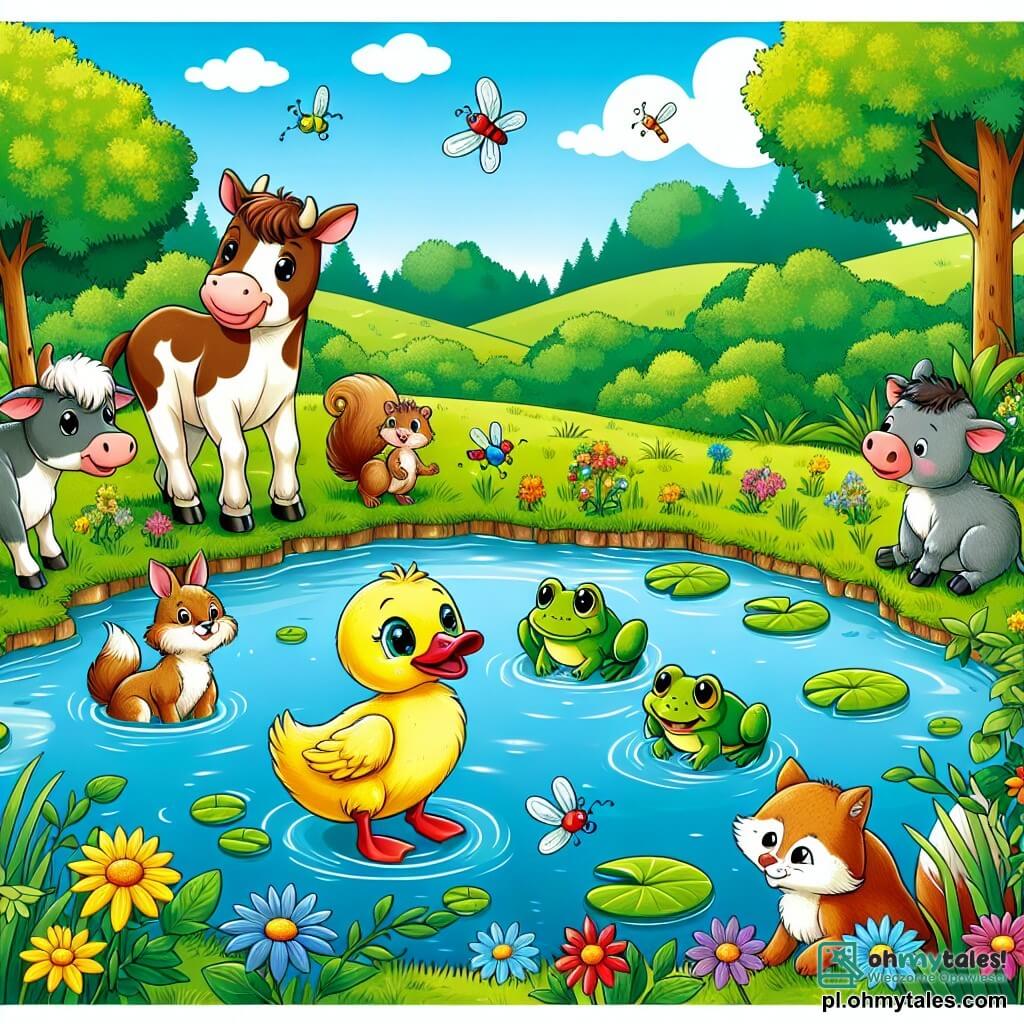 Une illustration sous forme de dessin destinée aux enfants représentant un paisible stang entouré de verdure, où un petit canard jaune aux plumes brillantes et aux yeux pétillants se tient au bord de l'eau, regardant avec émerveillement un groupe d'amis composé d'une courageuse grenouille verte sautant joyeusement, d'une vachette rousse curieuse, et d'une malicieuse écureuil aux poils soyeux, tous réunis pour écouter le canard partager ses rêves d'aventure, tandis que des fleurs colorées et des libellules dansent autour d'eux sous un ciel bleu ensoleillé.
