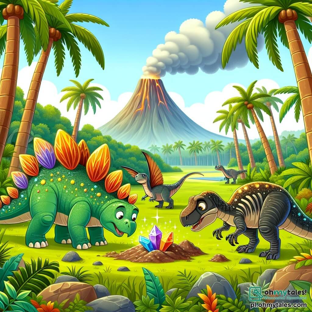 Une illustration sous forme de dessin destinée aux enfants représentant une vallée préhistorique verdoyante, parsemée de grands arbres tropicaux et de volcans fumants à l'arrière-plan, où un jeune stégosaure au dos couvert de plaques colorées et brillantes se tient curieusement en train d'examiner un mystérieux artefact brillant posé sur le sol, tandis qu'un brontozaure au long cou se penche pour observer, et un velociraptor agile court autour d'eux, créant une atmosphère d'aventure et de découverte dans un monde peuplé de dinosaures.