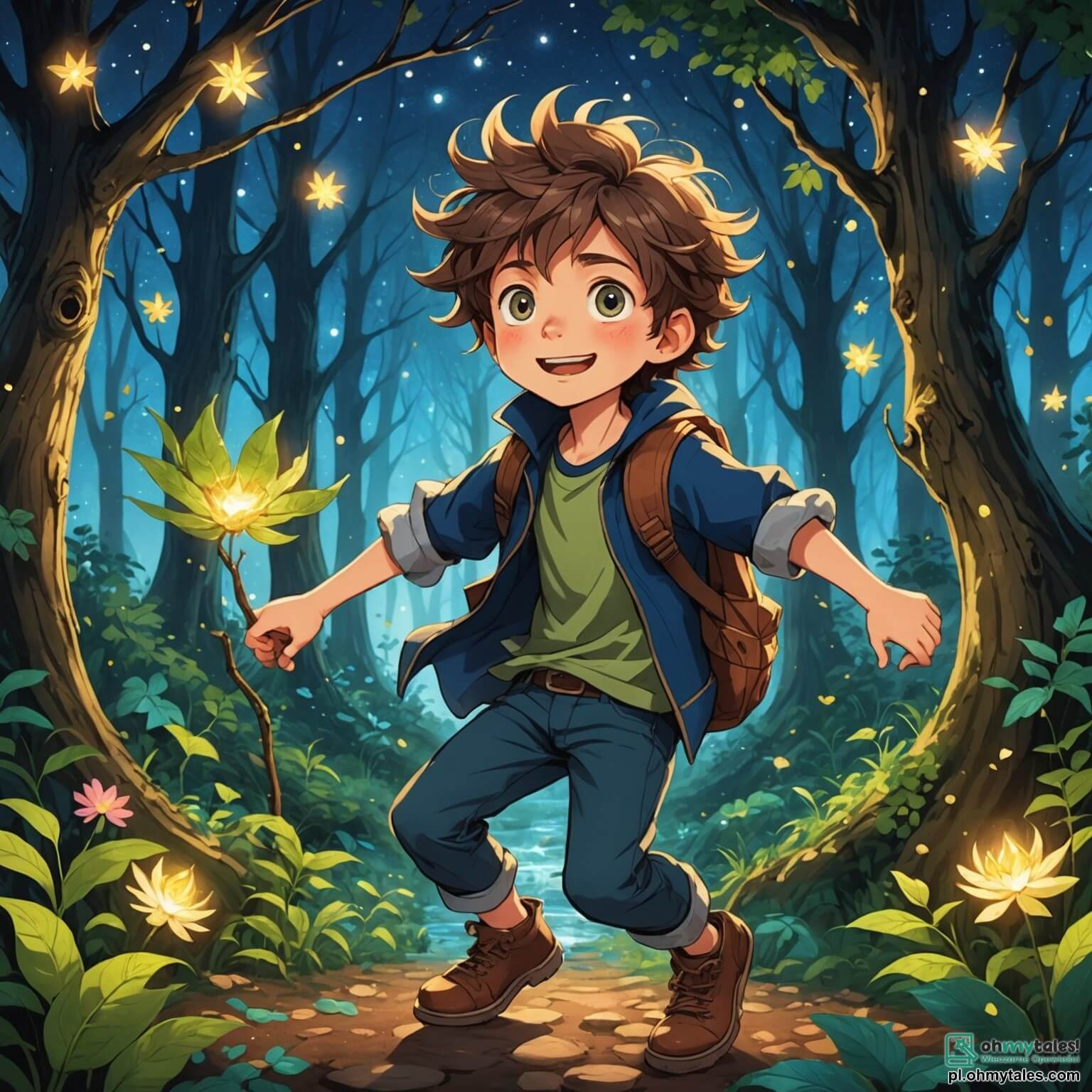 Une illustration destinée aux enfants représentant un jeune garçon à l'imagination débordante, aux cheveux en bataille et aux yeux pétillants de malice, qui se lance dans une quête hilarante à la recherche d'un trésor caché dans la forêt enchantée de Szalona Góra, où des arbres aux troncs tordus et aux feuilles scintillantes comme des étoiles dans la nuit se mêlent à des fleurs chantantes et à des ruisseaux dansants, tout en croisant un drôle de lapin aux lunettes roses et à l'humour pétillant, ainsi qu'une bande d'elfes espiègles aux robes colorées et aux rires contagieux, tous se réunissant dans ce lieu magique où la fantaisie et la rigolade se rencontrent à chaque tournant.