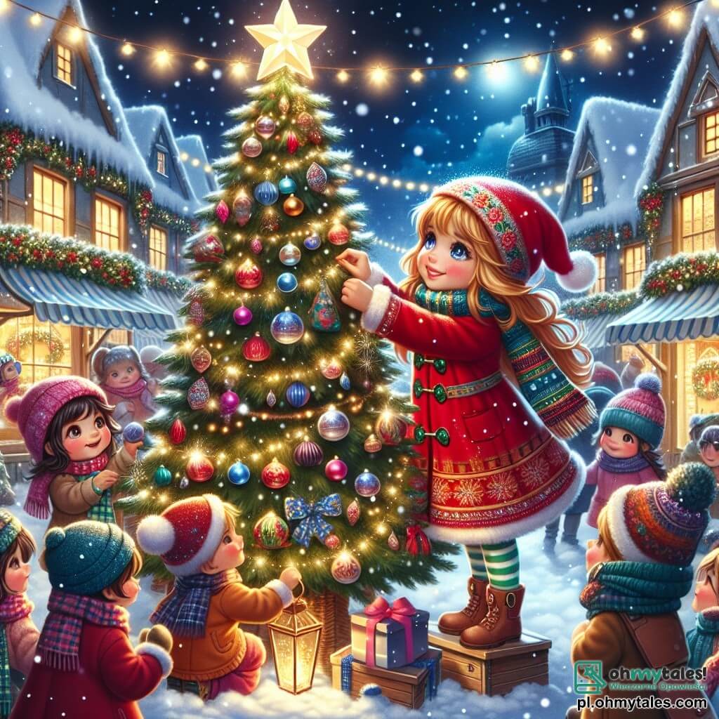 Une illustration sous forme de dessin destinée aux enfants représentant un charmant marché de Noël dans un petit village enneigé, avec une fille de 11 ans aux cheveux dorés et aux yeux pétillants, habillée d'un manteau rouge et d'une écharpe colorée, en train de décorer un grand sapin de Noël avec des guirlandes et des boules scintillantes, entourée de plusieurs enfants joyeux, dont un garçon aux cheveux bruns portant un bonnet de Noël, qui l'aide à accrocher une étoile brillante au sommet de l'arbre, tandis que des flocons de neige tombent doucement du ciel, créant une atmosphère magique et festive.