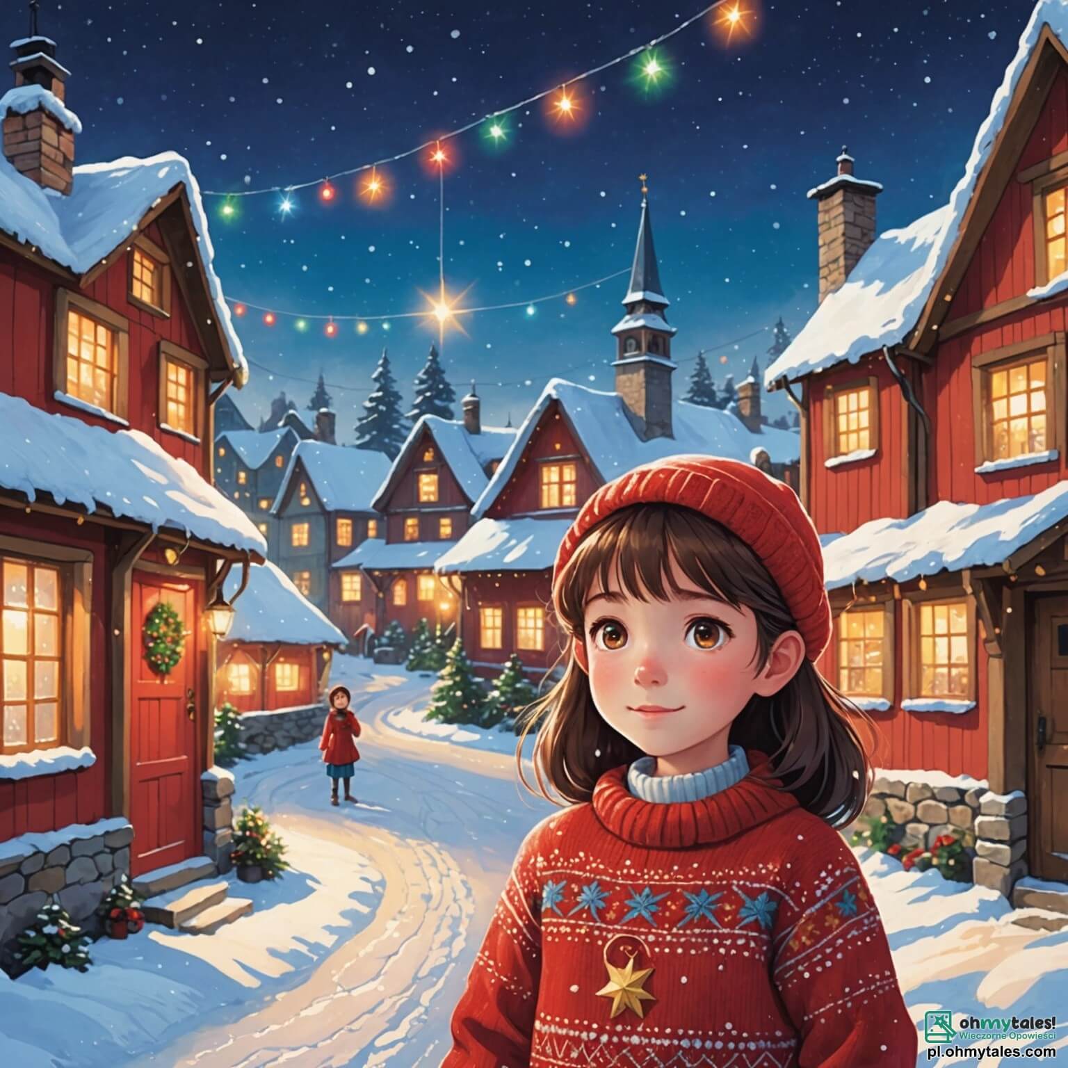Une illustration destinée aux enfants représentant une petite fille pétillante aux yeux brillants comme des étoiles, vêtue d'un pull rouge tricoté à la main, se tenant au milieu d'un village enneigé aux maisons aux toits recouverts de neige scintillante, où les lumières colorées des guirlandes illuminent les fenêtres, tandis qu'elle écrit une lettre pleine de rêves à un mystérieux personnage à la barbe blanche, entourée de ses amis joyeux, des garçons et des filles, qui s'amusent à construire un bonhomme de neige tout en écoutant les histoires de Noël racontées par une vieille dame au sourire chaleureux, le tout baigné dans l'atmosphère magique de la veille de Noël, où l'air frais est empli de l'odeur des biscuits au gingembre et du chocolat chaud.