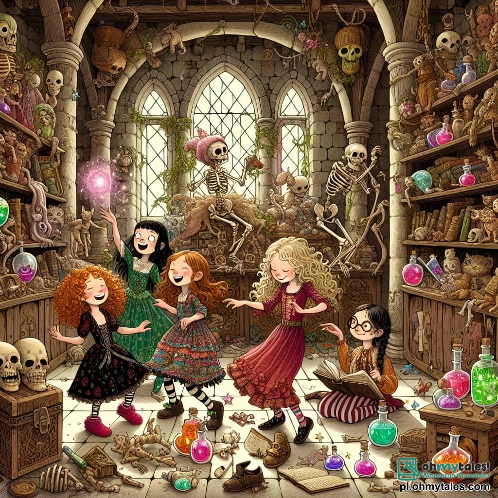 Ilustracja przedstawiająca tajemniczą i magiczną salę wewnątrz starego skarbca. Ściany pokryte są starymi, zakurzonymi książkami i szkieletami mebli z drewna, podczas gdy półki załadowane dziwnymi przedmiotami, takimi jak gwizdki w kształcie zwierząt i kolorowe mikstury, sięgają aż do sufitu. W centrum cztery dziewczynki w wieku około 10 lat są zgromadzone. Pierwsza, dziewczynka z brązowymi, kręconymi włosami, ma na sobie kolorową sukienkę i radośnie tańczy w pantoflach, które zdają się mieć własne życie. Druga, z blond włosami i okularami, trzyma butelkę mikstury i uśmiecha się z entuzjazmem. Trzecia, z rudymi, warkoczami, przegląda starą książkę z fantastycznymi ilustracjami, podczas gdy czwarta, dziewczynka z gładkimi, czarnymi włosami, siedzi na podłodze, głośno się śmiejąc. W tle mały psotny duszek w słodkim bawełnianym kapeluszu obserwuje scenę z figlarnym uśmiechem, gotów do żartu. Atmosfera wypełniona jest żywymi kolorami i magią, z błyszczącymi iskierkami unoszącymi się w powietrzu, tworząc radosną i zabawną atmosferę.