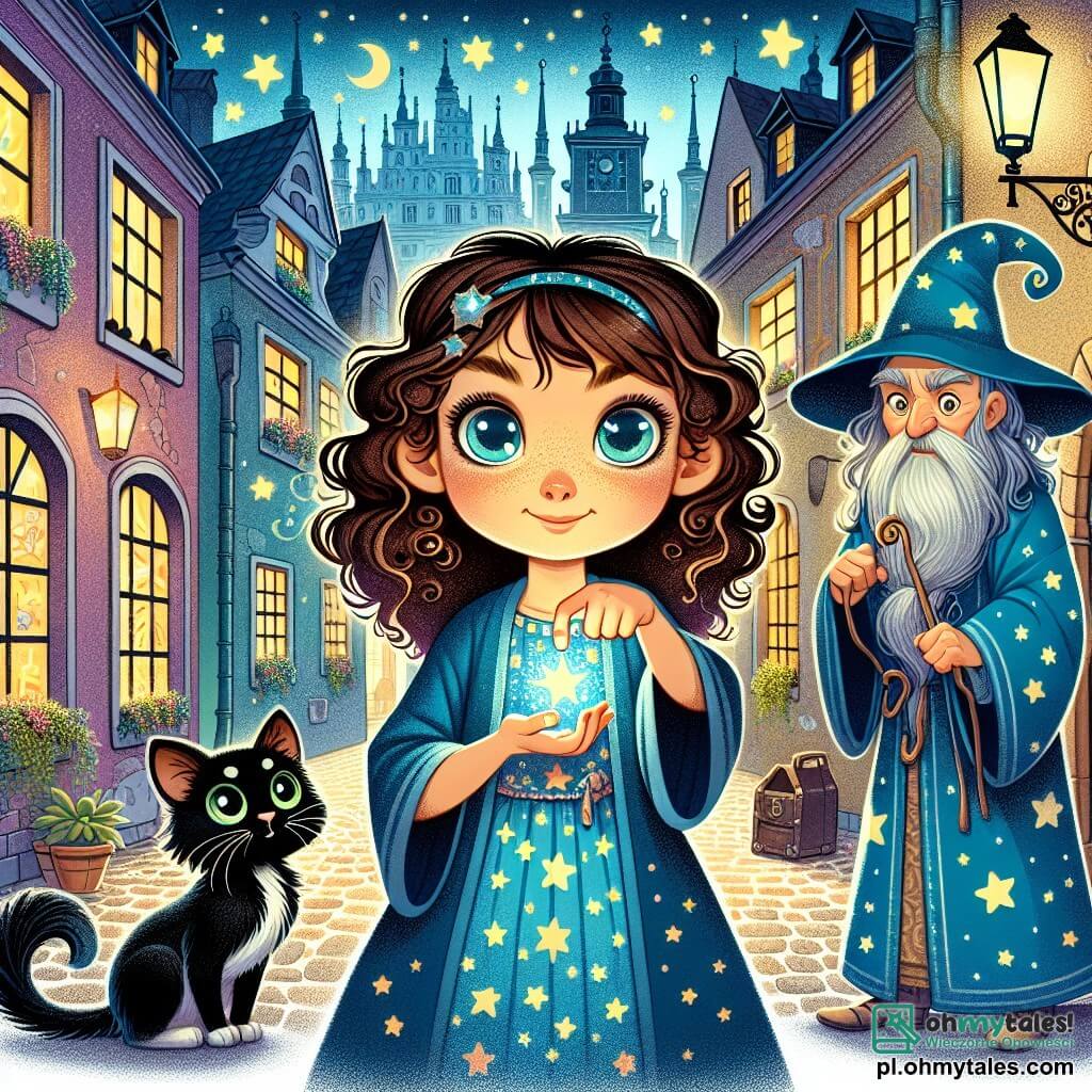 Une illustration sous forme de dessin destinée aux enfants représentant une ruelle magique de Varsovie, avec des maisons anciennes aux façades colorées et des lanternes scintillantes, où une fille de 11 ans aux cheveux châtains bouclés et aux yeux pétillants, vêtue d'une robe bleue ornée d'étoiles, se tient déterminée, tenant un amulet brillant dans sa main, tandis qu'à ses côtés, un chat noir aux yeux verts, avec des taches blanches en forme d'étoiles, l'observe attentivement, et un vieux sorcier à la longue barbe grise, vêtu de robes bleues, s'apprête à les aider dans leur quête pour récupérer la magie disparue de la ville.