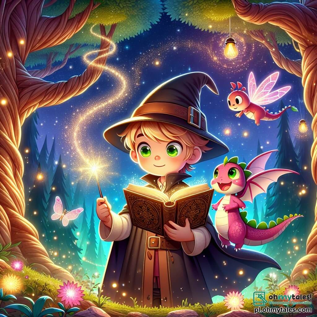 Ilustracja przedstawiająca magiczną scenę w zaczarowanym lesie, gdzie gigantyczne drzewa o skręconych pniach wznoszą się ku gwiaździstemu niebu, oświetlone migoczącymi świetlikami. W centrum młody uczeń czarodzieja, chłopiec o miodowych włosach i błyszczących zielonych oczach, stoi z determinacją, trzymając w jednej ręce świecący różdżkę, a w drugiej starą książkę. Obok niego mała magiczna istota, różowy smok o błyszczących oczach, z entuzjazmem macha skrzydłami, gotowy mu pomóc w jego misji. W tle sylwetki wróżek tańczą wokół świecących kwiatów, dodając atmosferze odrobinę baśniowości. Chłopiec wydaje się skoncentrowany, gotowy do wypowiedzenia zaklęcia, aby złamać starą klątwę, podczas gdy z książki emanują iskry światła, oświetlające jego twarz mistycznym blaskiem.