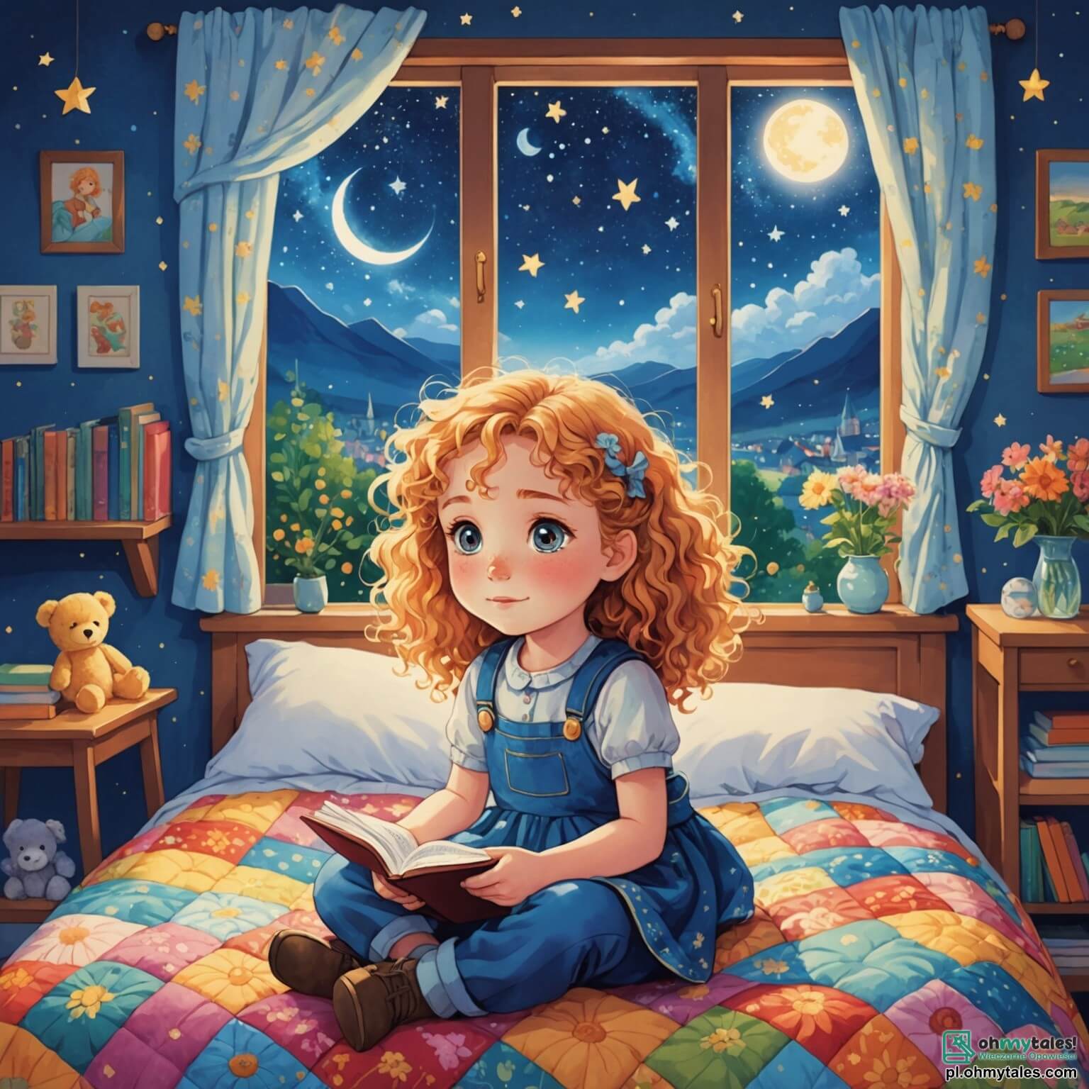 Une illustration destinée aux enfants représentant une petite fille aux cheveux bouclés et dorés, aux yeux pétillants de curiosité, assise sur son lit recouvert d'une couette colorée ornée de fleurs, dans une chambre chaleureuse aux murs peints en bleu ciel, où des peluches aux formes douces et des livres aux couvertures brillantes sont éparpillés autour d'elle, tandis qu'elle regarde par la fenêtre, fascinée par le ciel étoilé qui scintille comme un océan de diamants, mais ressent une peur sourde de la nuit qui s'installe, entourée de l'ombre de son ours en peluche, son fidèle compagnon, et de sa maman, une femme douce et réconfortante, qui entre dans la pièce pour lui raconter une histoire apaisante sur un petit lapin courageux qui surmonte sa peur du noir dans un jardin secret rempli de fleurs lumineuses et de créatures amicales, où la magie de la nuit révèle des merveilles insoupçonnées.