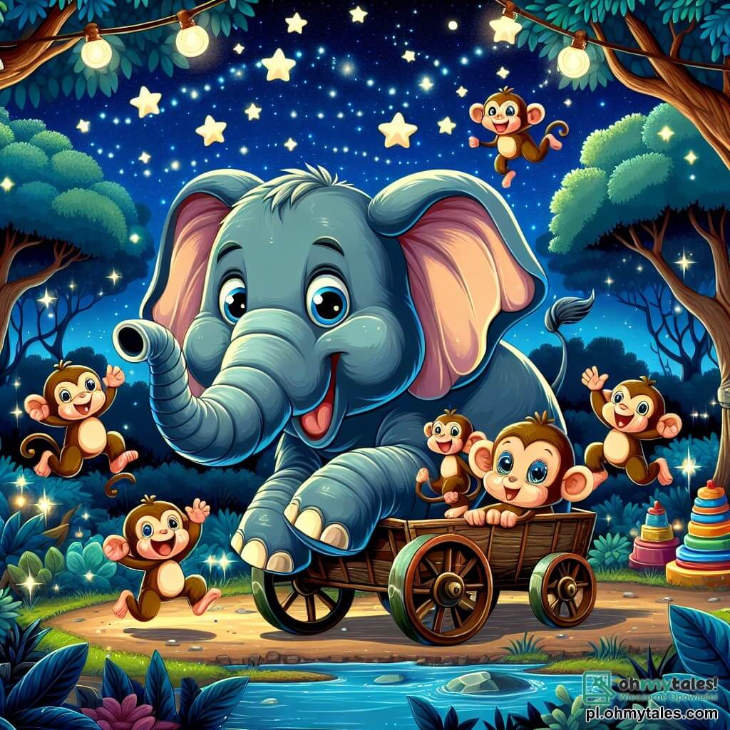 Ilustracja przedstawiająca nocną scenę w magicznym zoo, gdzie gwiazdy błyszczą na głębokim, niebieskim niebie. W centrum znajduje się duży słoń z dużymi uszami i szarym skórą, z ciekawym i radosnym spojrzeniem, siedzący w starym drewnianym wózku, otoczony kolorowymi modelami zabawek. Obok niego skaczą kilka małych małpek o brązowym futrze i błyszczących oczach, radosne i huśtające się na krawędzi wózka. Słoń z uniesioną trąbą wydaje się gotowy na przygodę, podczas gdy małpy przygotowują się, by go śledzić, niecierpliwe i podekscytowane. W tle liściaste drzewa i migoczące światła dodają baśniowej atmosfery, a mały staw odbija światło gwiazd, tworząc aurę tajemniczości i zabawy.