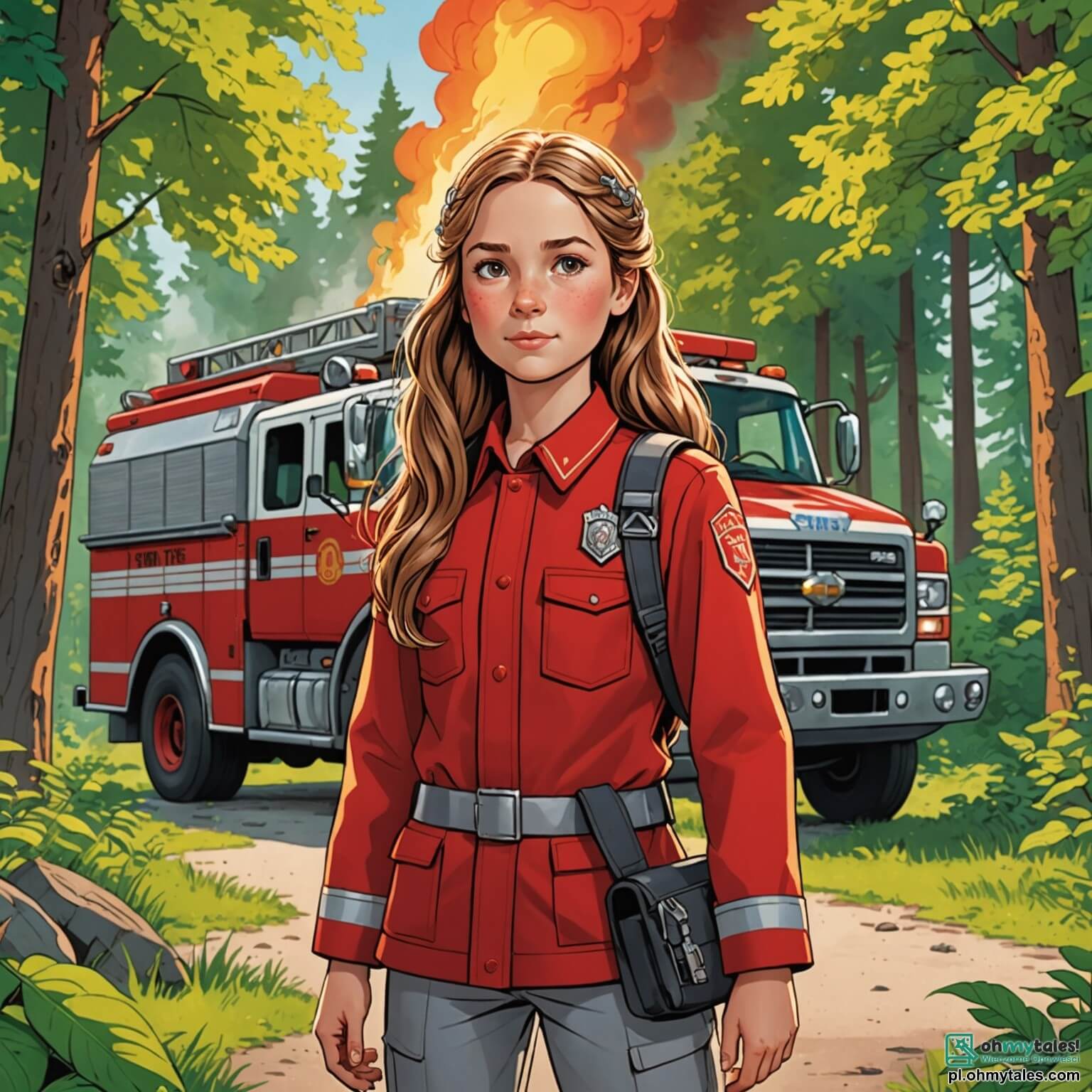 Une illustration destinée aux enfants représentant une courageuse femme aux longs cheveux bruns, vêtue d'un éclatant uniforme rouge et argenté, se tenant fièrement devant un grand camion de pompiers brillant sous le soleil, prête à combattre un petit incendie dans une forêt verdoyante, où des arbres majestueux aux feuilles d'un vert éclatant se dressent autour d'elle, tandis que des enfants joyeux, un garçon aux cheveux blonds et une fille aux tresses brunes, l'observent avec admiration, impatients de participer à une aventure héroïque et d'apprendre l'importance de la sécurité et de l'entraide.