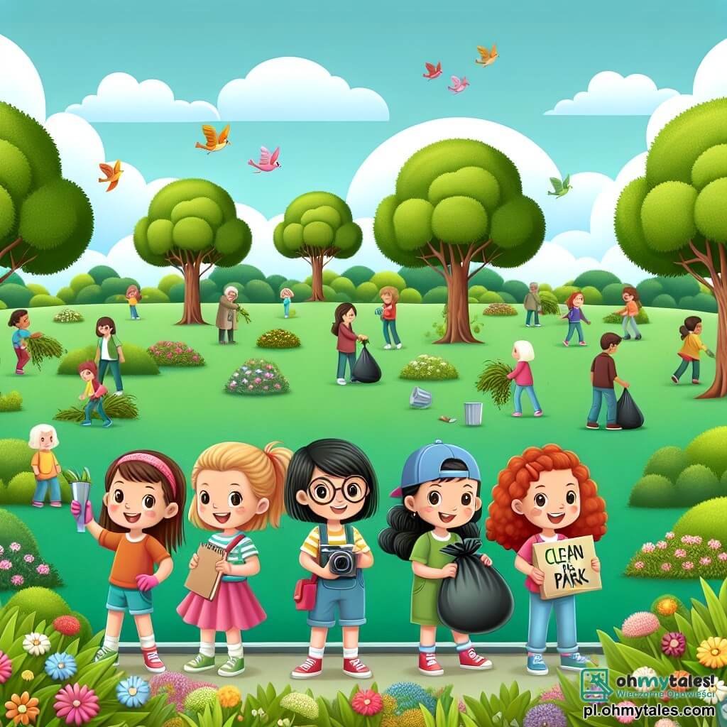 Ilustracja przedstawiająca wspaniały, zielony park z dużymi drzewami o jaskrawozielonych liściach, kolorowymi kwiatami rozsianymi po zadbanym trawniku i jasnoniebieskim niebem z kilkoma puszystymi białymi chmurami. W centrum sceny cztery dziewczynki, około 10-letnie, stoją razem, uśmiechnięte i pełne energii. Jedna z nich, z brązowymi włosami i okularami, trzyma szkicownik i rysuje rośliny. Inna, z blond, kręconymi włosami, robi zdjęcia małym aparatem. Trzecia, z czarnymi włosami i czapką, trzyma kartonowy znak z napisem "CLEAN THE PARK!" w kolorowych literach. Ostatnia, z rudymi włosami i warkoczem, zbiera śmieci do plastikowej torby. W tle dorośli i inne dzieci biorą udział w dużej akcji sprzątania, z workami na śmieci i rękawicami, tworząc atmosferę koleżeństwa i zaangażowania w ochronę środowiska. Ptaki radośnie latają po niebie, dodając życia tej dynamicznej i inspirującej scenie.