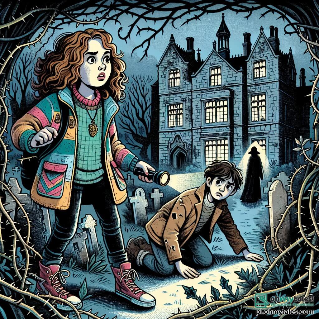 Une illustration sous forme de dessin destinée aux enfants représentant un vieux et mystérieux manoir en ruines, entouré d'un jardin envahi par des ronces, où une fille de 11 ans aux cheveux bruns et bouclés, vêtue d'une veste colorée et tenant une petite lampe torche, explore courageusement les lieux, tandis qu'un garçon aux cheveux ébouriffés et aux yeux tristes, vêtu de vêtements usés, l'observe depuis l'ombre, tous deux confrontés à l'énigme d'une légende effrayante qui les lie à ce lieu hanté.