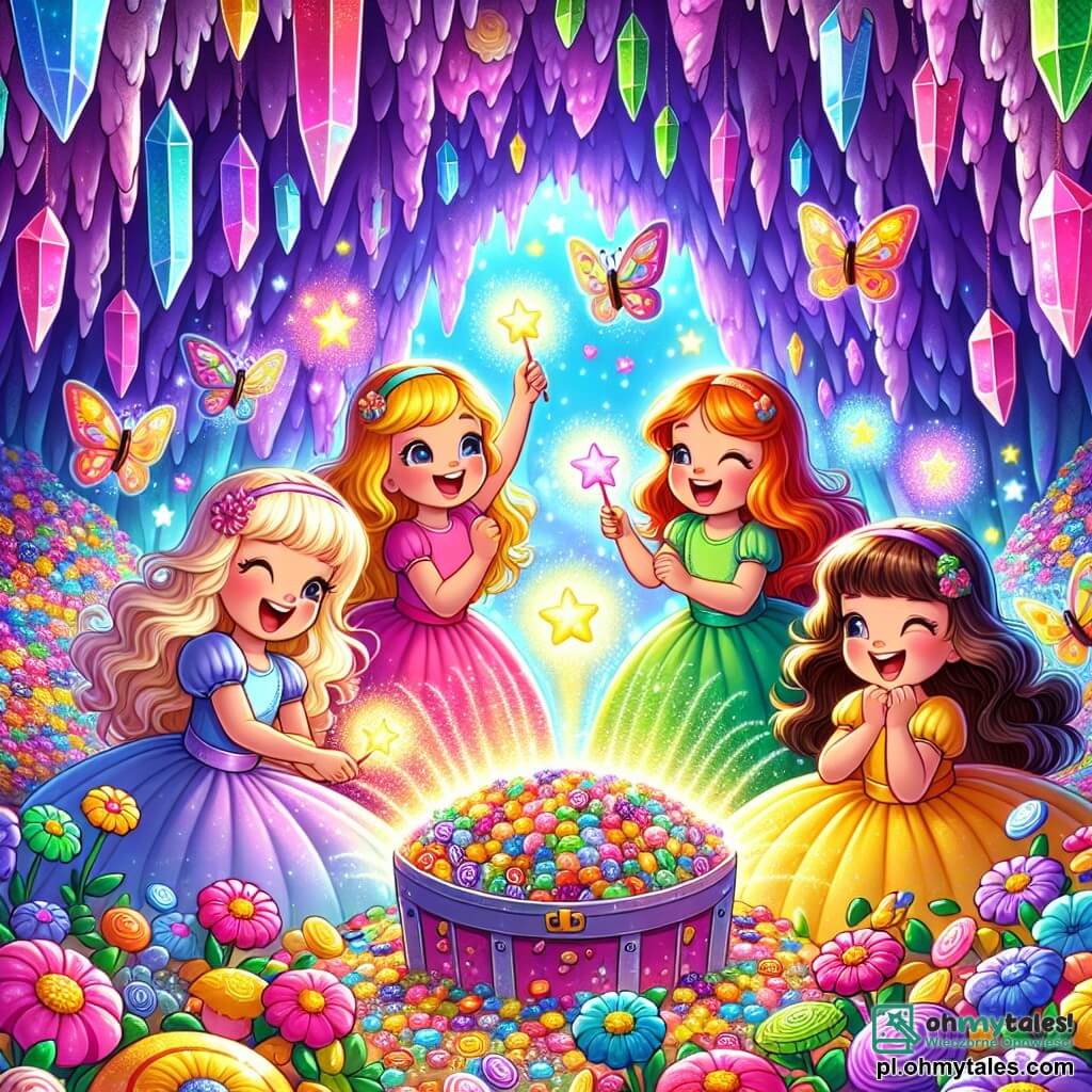 Ilustracja przedstawiająca magiczną scenę w jaskini pełnej żywych kolorów i migoczących świateł. Ściany jaskini zdobione są błyszczącymi kryształami, a podłoga pokryta jest kolorowymi kwiatami, które zdają się tańczyć w rytmie śmiechu. W centrum sceny cztery dziewczynki w wieku siedmiu lat, każda z długimi, kolorowymi włosami: jedna ma blond włosy i różową sukienkę, druga ma brązowe włosy i niebieski t-shirt, trzecia ma rude włosy i zieloną spódnicę, a ostatnia ma czarne włosy i fioletową sukienkę. Otaczają je kolorowe motylki, które latają wokół nich, a każda z nich trzyma migoczącą różdżkę, gotowa do przywołania gwiazd. Główna scena pokazuje dziewczynki, które radośnie się śmieją i tańczą, zachwycone słodyczami i kolorowymi skarbami, które wylewają się z dużej skrzyni w centrum jaskini. Iskrzące światła wydobywają się z różdżek, tworząc atmosferę święta i magii. W tle mały królik w kolorowym płaszczu obserwuje je z figlarnym uśmiechem, dodając humoru do tej zaczarowanej sceny.