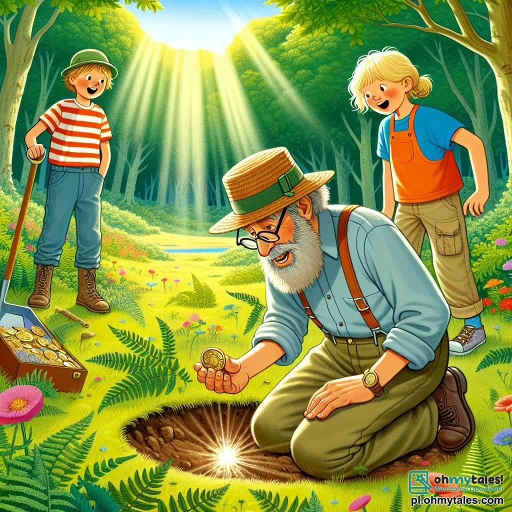Une illustration sous forme de dessin destinée aux enfants représentant une clairière verdoyante dans une forêt ensoleillée, où un homme à la longue barbe grise, portant un chapeau de paille et des lunettes, se penche avec enthousiasme sur une ancienne pièce de monnaie brillante qu'il vient de déterrer, tandis qu'une fille aux cheveux blonds et une casquette observe avec émerveillement, et un garçon aux cheveux bruns, vêtu d'un t-shirt coloré, creuse avec une petite pelle, tous trois entourés de fougères et de fleurs sauvages, illustrant leur aventure passionnante d'archéologie.