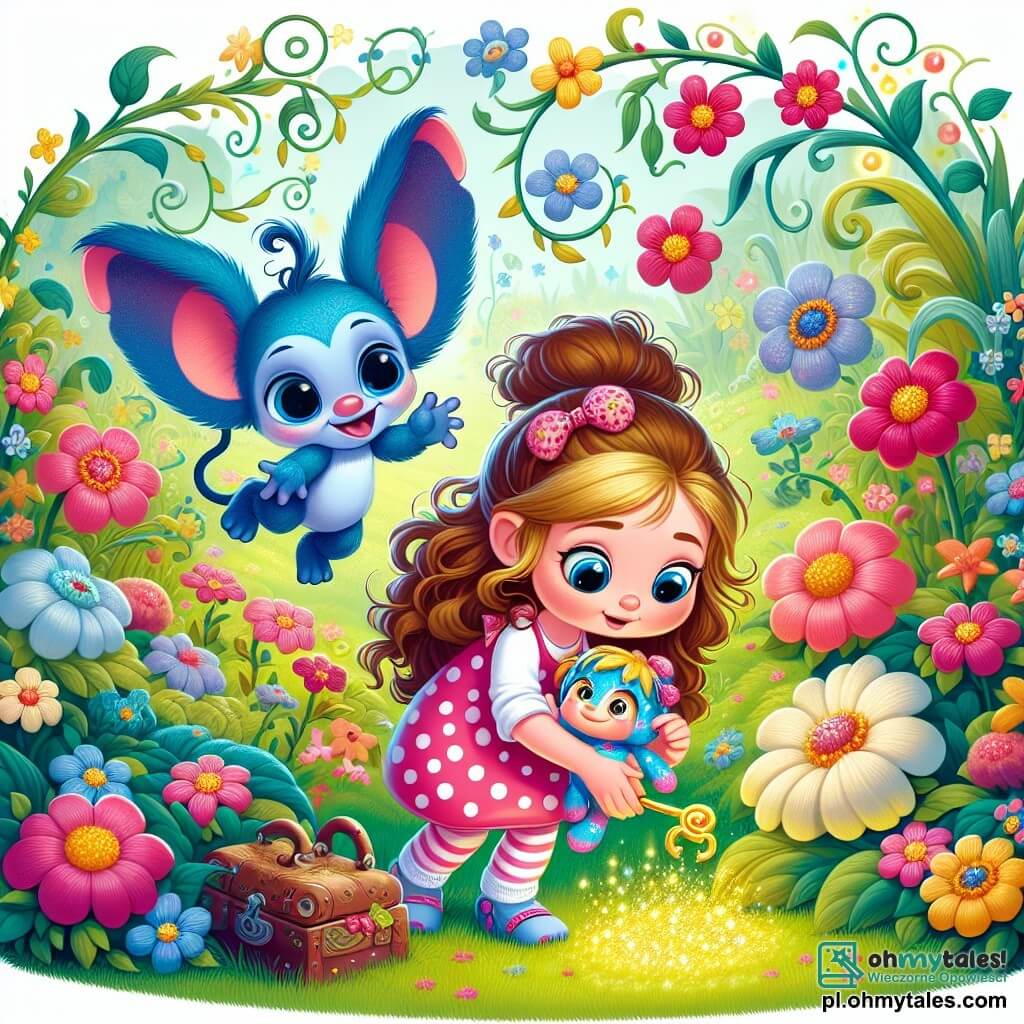 Une illustration sous forme de dessin destinée aux enfants représentant un jardin enchanté rempli de fleurs colorées et de plantes magiques, où une petite fille de 5 ans aux longs cheveux bouclés, portant une robe à pois et tenant une poupée en peluche, découvre un petit clé dorée scintillante dans l'herbe, tandis qu'un petit stworek bleu aux grandes oreilles, sautillant joyeusement à ses côtés, l'encourage à explorer les mystères de cet endroit féerique.