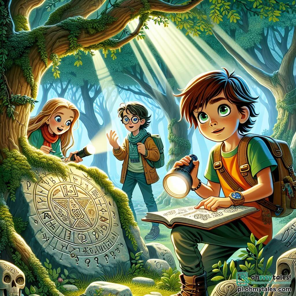 Une illustration sous forme de dessin destinée aux enfants représentant une forêt enchantée, avec des arbres majestueux aux feuilles verdoyantes et des rayons de soleil filtrant à travers le feuillage, où un garçon de 11 ans aux cheveux châtains et aux yeux pétillants, portant un t-shirt coloré et un sac à dos, examine avec curiosité un vieux rocher gravé de symboles mystérieux, tandis qu'à ses côtés, une fille aux cheveux longs et blonds, vêtue d'une robe légère, dessine les symboles dans un carnet, et un garçon aux lunettes rondes et aux cheveux bruns, tenant une lampe de poche, observe attentivement les alentours, tous trois plongés dans une quête pour découvrir un trésor caché.