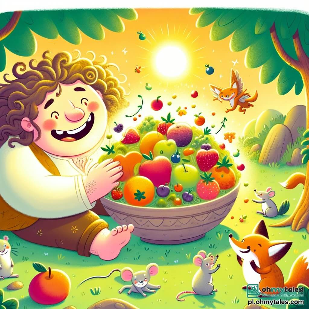 Une illustration sous forme de dessin destinée aux enfants représentant une clairière enchantée, baignée de lumière dorée, où un géant joyeux avec de longs cheveux bouclés et un grand sourire, assis sur l'herbe, prépare une immense sa salade de fruits colorés, entouré de petits animaux rigolos comme un renard malicieux aux yeux pétillants et une petite souris curieuse aux grandes oreilles, tous deux regardant avec émerveillement les fruits dansants qui s'assemblent dans un grand bol, illustrant un moment de camaraderie et de magie.
