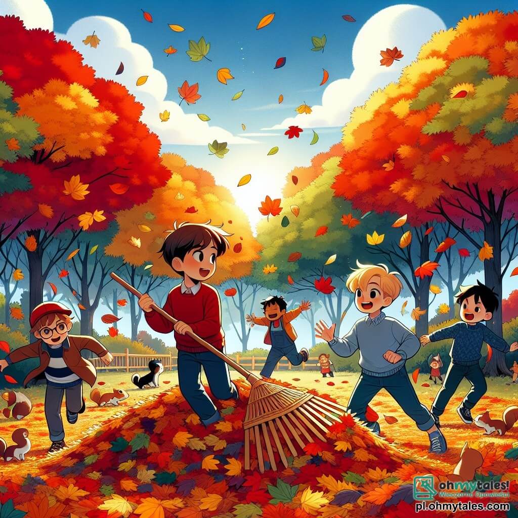 Ilustracja przedstawiająca jesienny park tętniący kolorami, z drzewami o płonących liściach czerwieni, pomarańczu i złota oraz jasnoniebieskim niebem przetykanym puchatymi chmurami. W centrum obrazu czterech dziewięcioletnich chłopców, uśmiechniętych i pełnych energii, zbiera opadłe liście. Jeden z chłopców, z brązowymi włosami i czerwoną czapką, trzyma dużą drewnianą łopatę, podczas gdy inny, z blond włosami i niebieskim swetrem, szykuje się do rzucenia garści liści w powietrze. Trzeci chłopiec, w okularach i z kasztanowymi włosami, obserwuje z zachwytem, a ostatni, z czarnymi włosami i zieloną kurtką, śmieje się, patrząc na wirujące wokół liście. W tle kolorowe stosy liści są rozsypane po ziemi, a mała rodzina wiewiórek przemyka między drzewami, dodając życia tej radosnej jesiennej scenie.