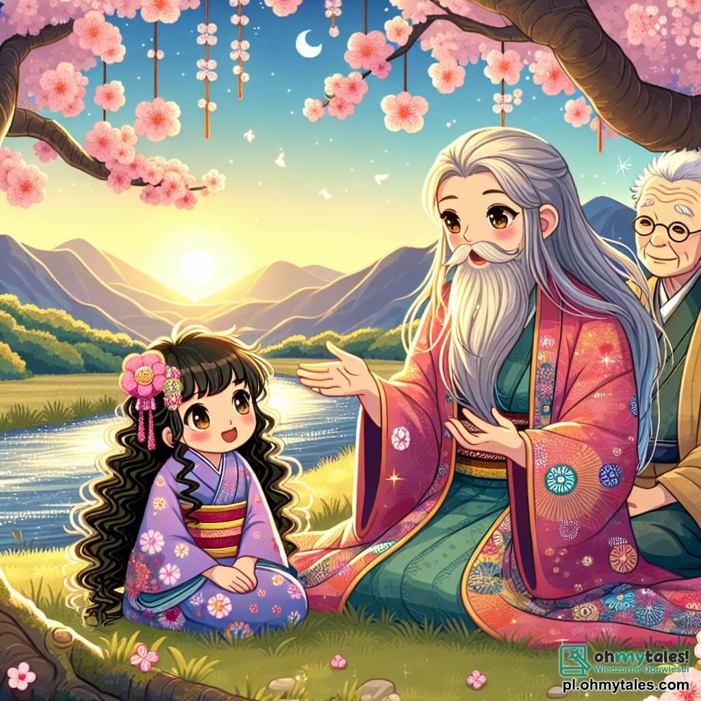 Une illustration sous forme de dessin destinée aux enfants représentant une vallée japonaise pittoresque, ornée de cerisiers en fleurs et d'une rivière scintillante, où une jeune femme aux longs cheveux noirs et aux yeux brillants, vêtue d'une robe traditionnelle colorée, raconte des histoires captivantes à une petite fille aux cheveux bouclés et aux yeux pétillants, assise à ses côtés, tandis qu'un sage vieux homme à la barbe grise les observe avec un sourire bienveillant, le tout baigné dans la douce lumière du soleil couchant, symbolisant l'échange de sagesse et de joie entre les générations.