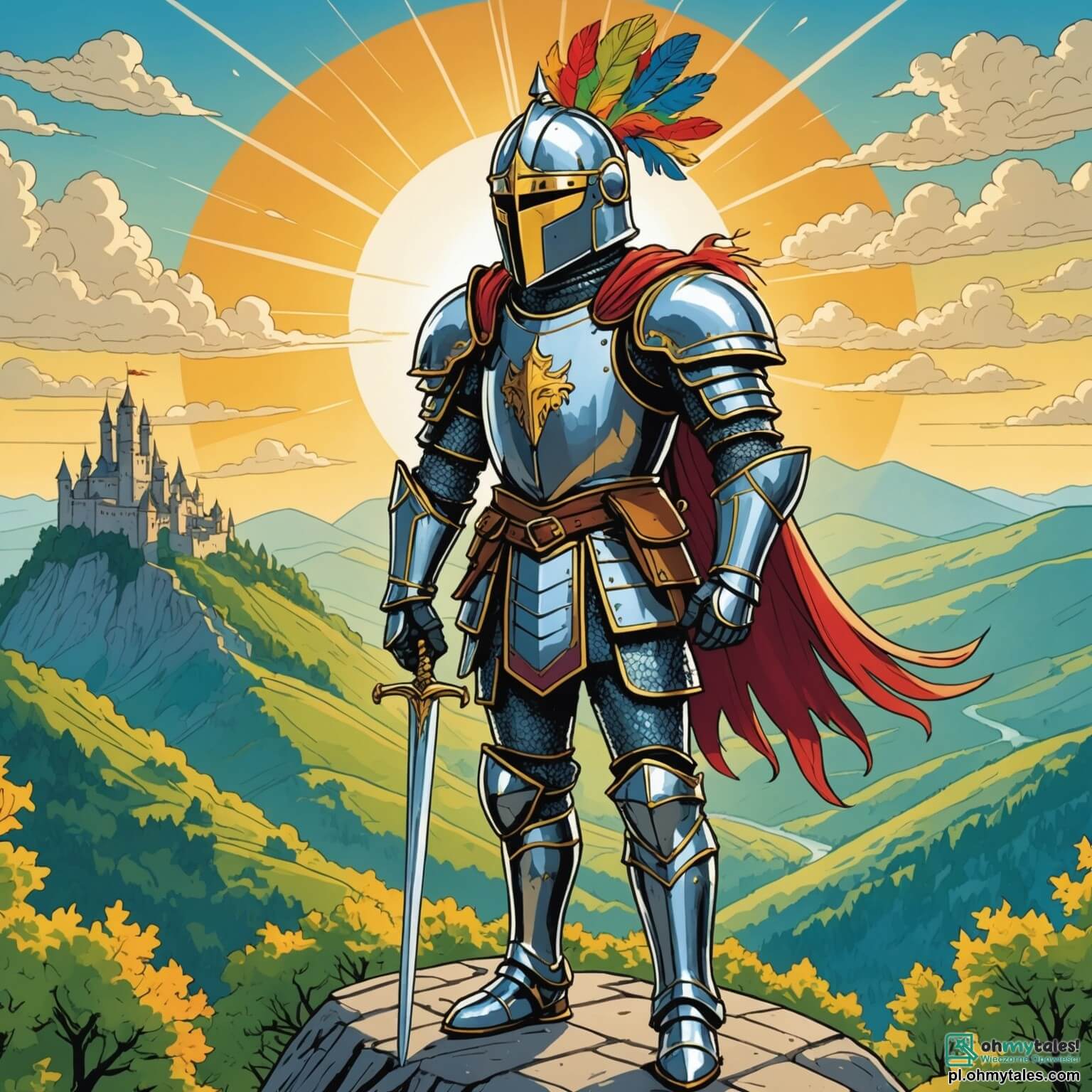 Une illustration destinée aux enfants représentant un jeune chevalier courageux, vêtu d'une armure étincelante qui scintille sous les rayons du soleil, avec un heaume orné de plumes colorées et un regard déterminé, se tenant fièrement sur un sommet escarpé d'une montagne verdoyante, dominant un vaste royaume parsemé de châteaux majestueux aux tours élancées, de forêts denses où les arbres aux feuilles dorées dansent au gré du vent, tandis qu'à ses côtés se trouve une intrépide chevalière aux longs cheveux flottants, brandissant une épée scintillante, prête à l'aider dans sa quête pour retrouver une couronne magique disparue, tout cela se déroulant dans un monde féerique où les légendes prennent vie et où les défis se cachent derrière chaque ombre.