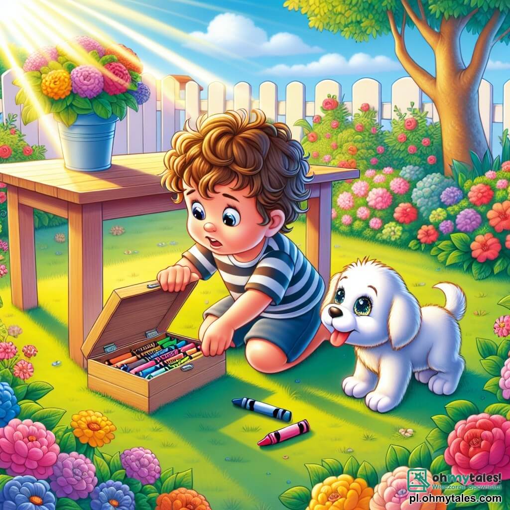 Une illustration sous forme de dessin destinée aux enfants représentant un jardin ensoleillé avec des fleurs colorées et un petit garçon de 5 ans aux cheveux bruns et bouclés, portant un t-shirt rayé et un short, qui cherche désespérément son boîte de crayons sous une table de jardin, tandis qu'un petit chiot blanc aux yeux pétillants, assis à ses pieds, le regarde avec curiosité, illustrant le moment où le garçon réalise qu'il a menti à sa maman au sujet de la disparition de ses crayons.