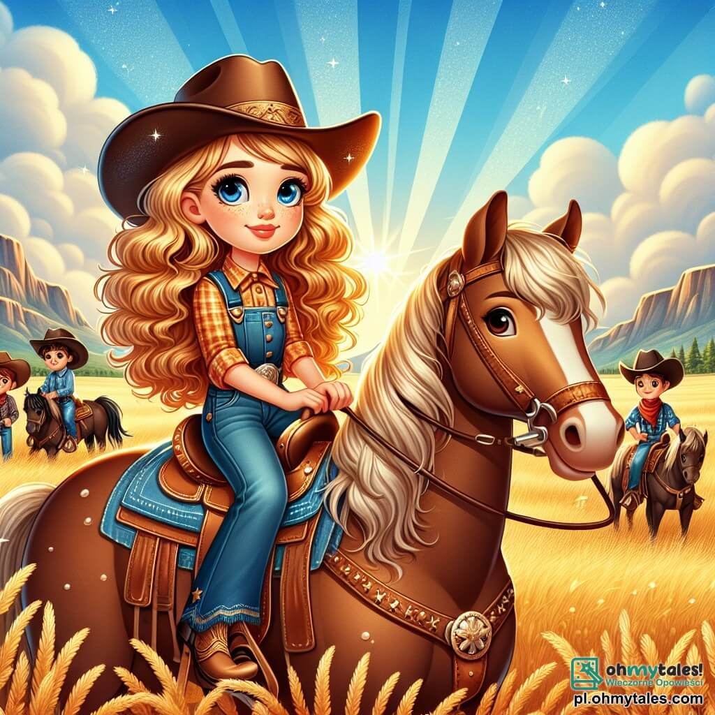 Une illustration sous forme de dessin destinée aux enfants représentant une prairie dorée sous un ciel bleu éclatant, où une jeune cowgirl aux longs cheveux dorés et bouclés, vêtue d'un chapeau de cowboy et d'un gilet en cuir, monte fièrement son cheval brun nommé Duke, tandis qu'un groupe de cowboys, tous des garçons, les observe avec admiration, alors qu'elle s'apprête à participer à un grand concours de rodéo, symbolisant le courage et la détermination des filles dans le monde des cowboys.