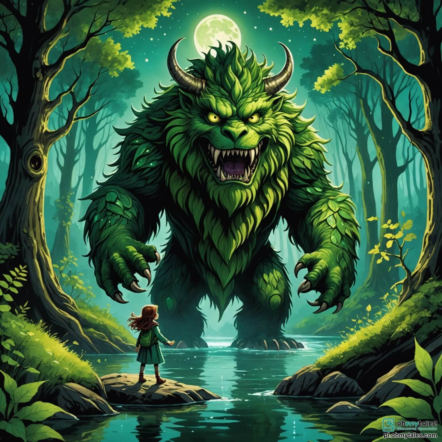 Une illustration destinée aux enfants représentant un grand monstre à la fourrure d'un vert éclatant, avec des yeux brillants comme des émeraudes et des griffes scintillantes, se tenant courageusement au bord d'une rivière étincelante dans une forêt enchantée où les arbres aux troncs noueux s'élèvent majestueusement vers le ciel, leurs feuilles scintillant comme des étoiles sous la lumière de la lune, tandis qu'il tente d'aider une petite fille au visage lumineux et aux cheveux bouclés, qui pleure à cause de sa peur d'être perdue, et un loup au pelage argenté, au regard doux et protecteur, qui s'est joint à eux pour les guider à travers les sentiers sinueux de ce monde magique, où les fleurs dansent au rythme du vent et où les créatures fantastiques se cachent derrière chaque buisson.