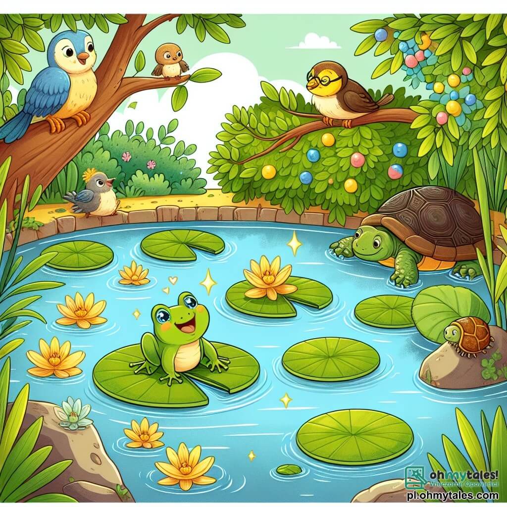 Une illustration sous forme de dessin destinée aux enfants représentant un charmant étang entouré de fleurs colorées et de grands arbres, où une petite grenouille verte aux yeux pétillants et au sourire joyeux saute joyeusement sur un large nénuphar, tandis qu'un petit oiseau aux plumes jaunes et bleues, perché sur une branche, observe avec curiosité, et un vieux tortue au dos ridé, assis sur un rocher, montre du doigt un buisson rempli de baies brillantes, illustrant l'instant où les amis se rassemblent pour aider les oisillons affamés dans leur nid.